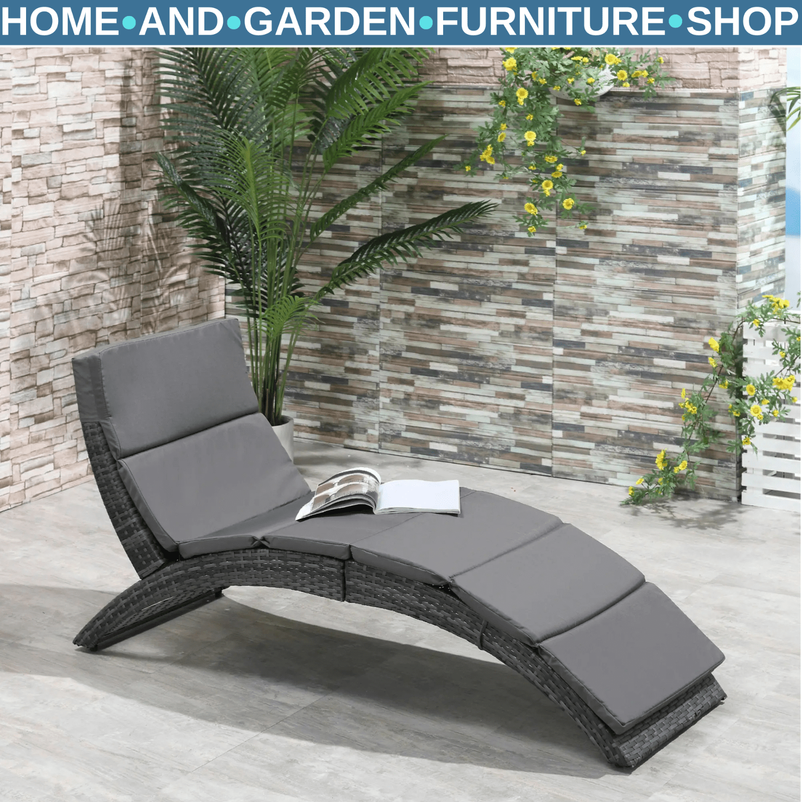 Garden Rattan Sun Lounger Foldable Patio Chaise Chair for Outdoor Grey - Home and Garden Furniture Shop - rustic - furniture