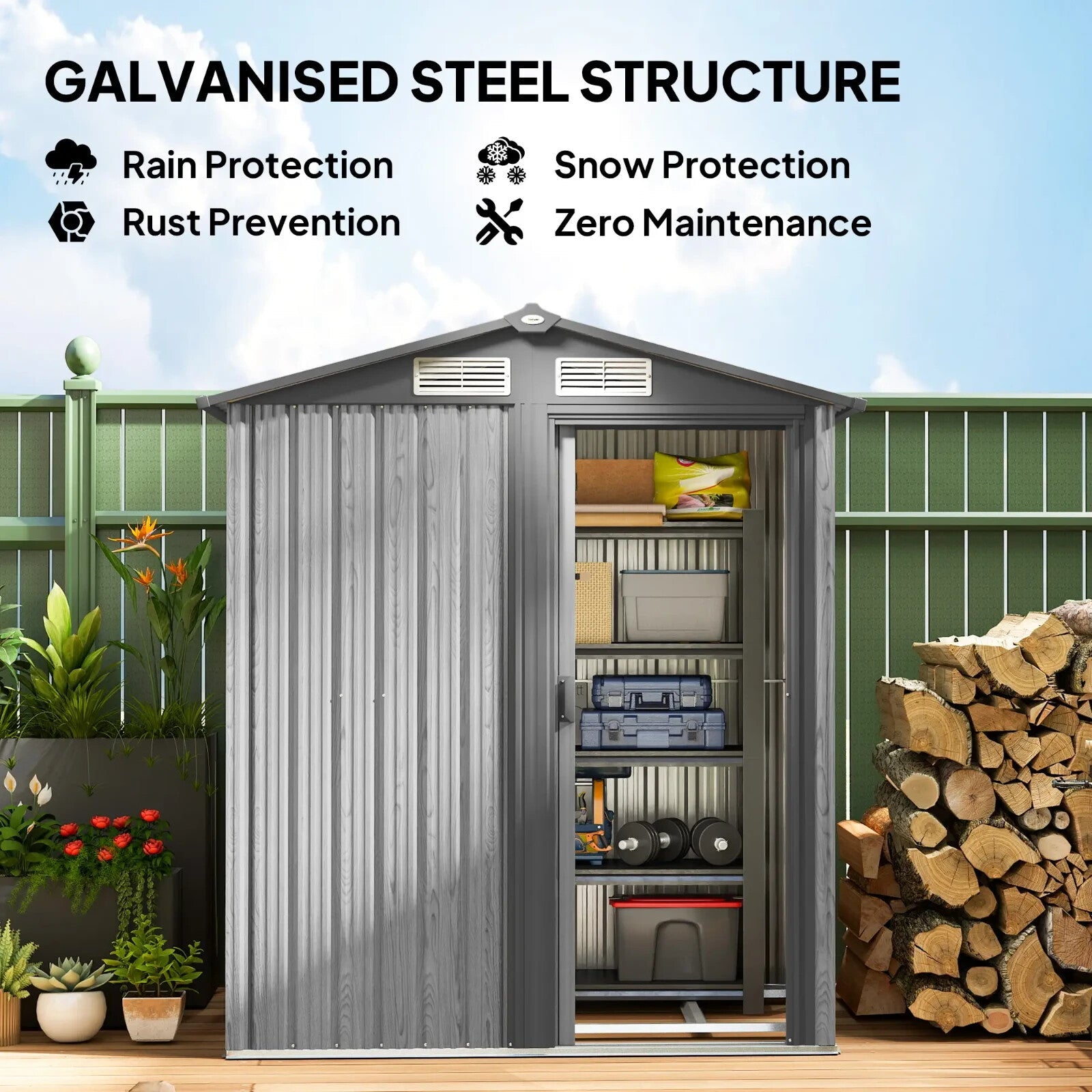 Garden Storage Shed Tool Organization Cabinet w/ Sliding Doors & Windows Grey - Home and Garden Furniture Shop - rustic - furniture