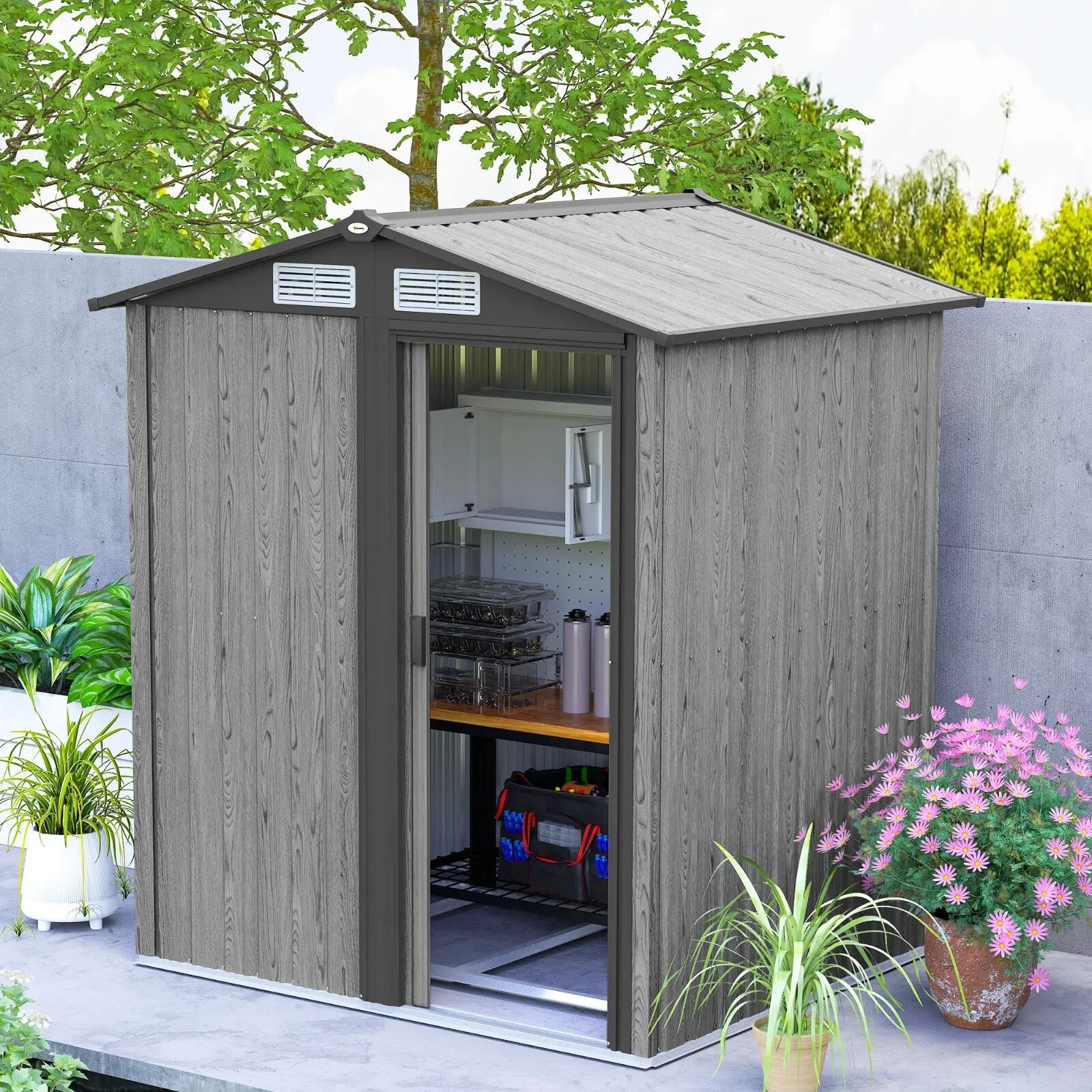 Garden Storage Shed Tool Organization Cabinet w/ Sliding Doors & Windows Grey - Home and Garden Furniture Shop - rustic - furniture