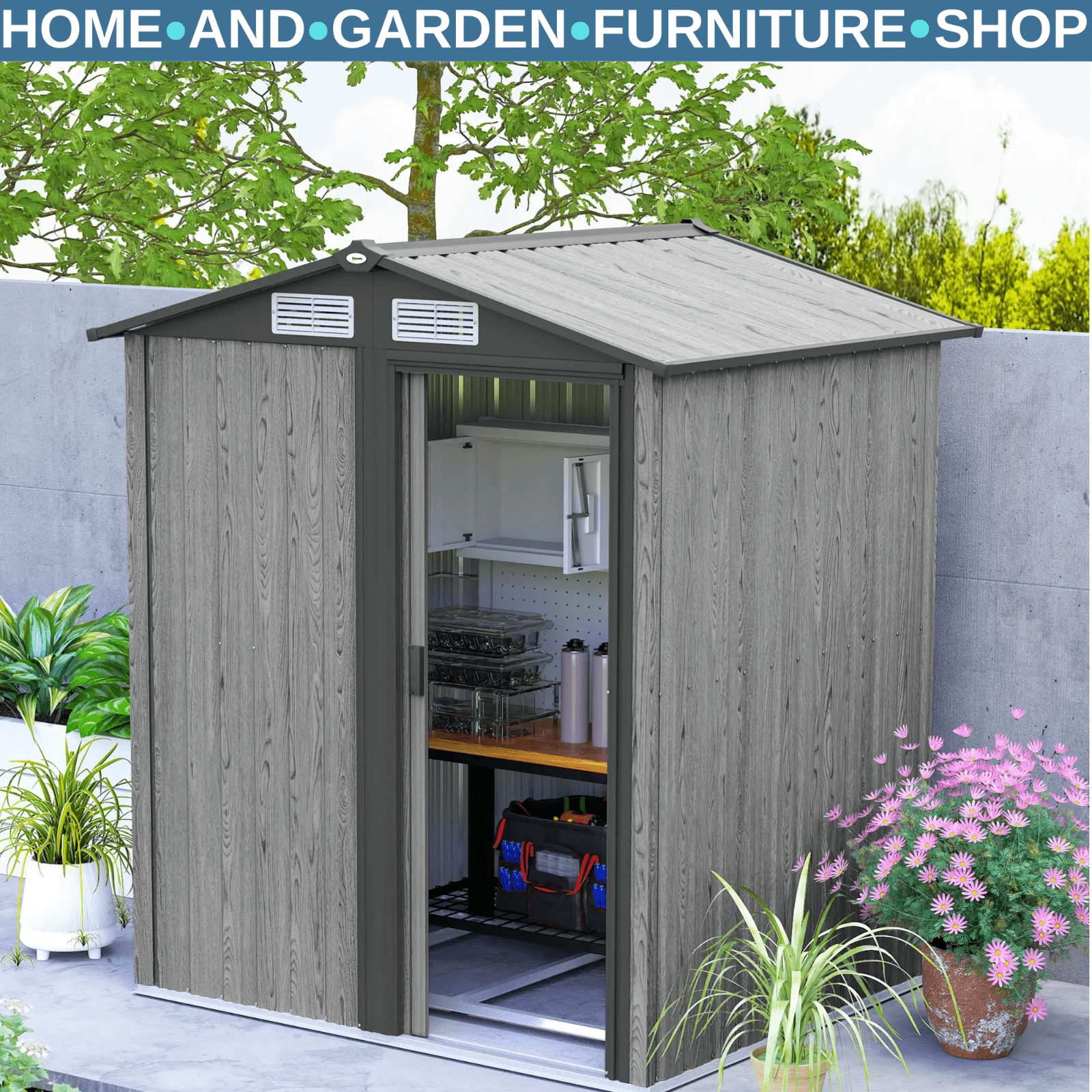 Garden Storage Shed Tool Organization Cabinet w/ Sliding Doors & Windows Grey - Home and Garden Furniture Shop - rustic - furniture