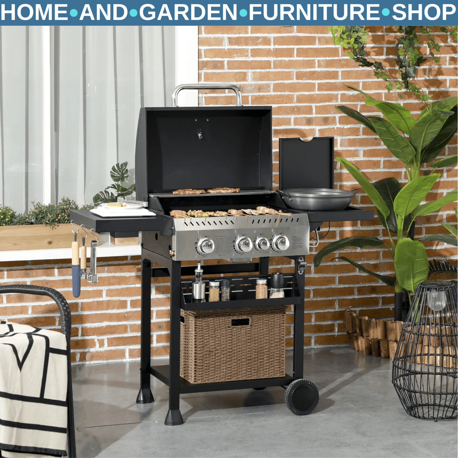 Gas Barbecue Grill Propane with 4 - Burner, Bottle Opener & Thermometer Black - Home and Garden Furniture Shop - rustic - furniture