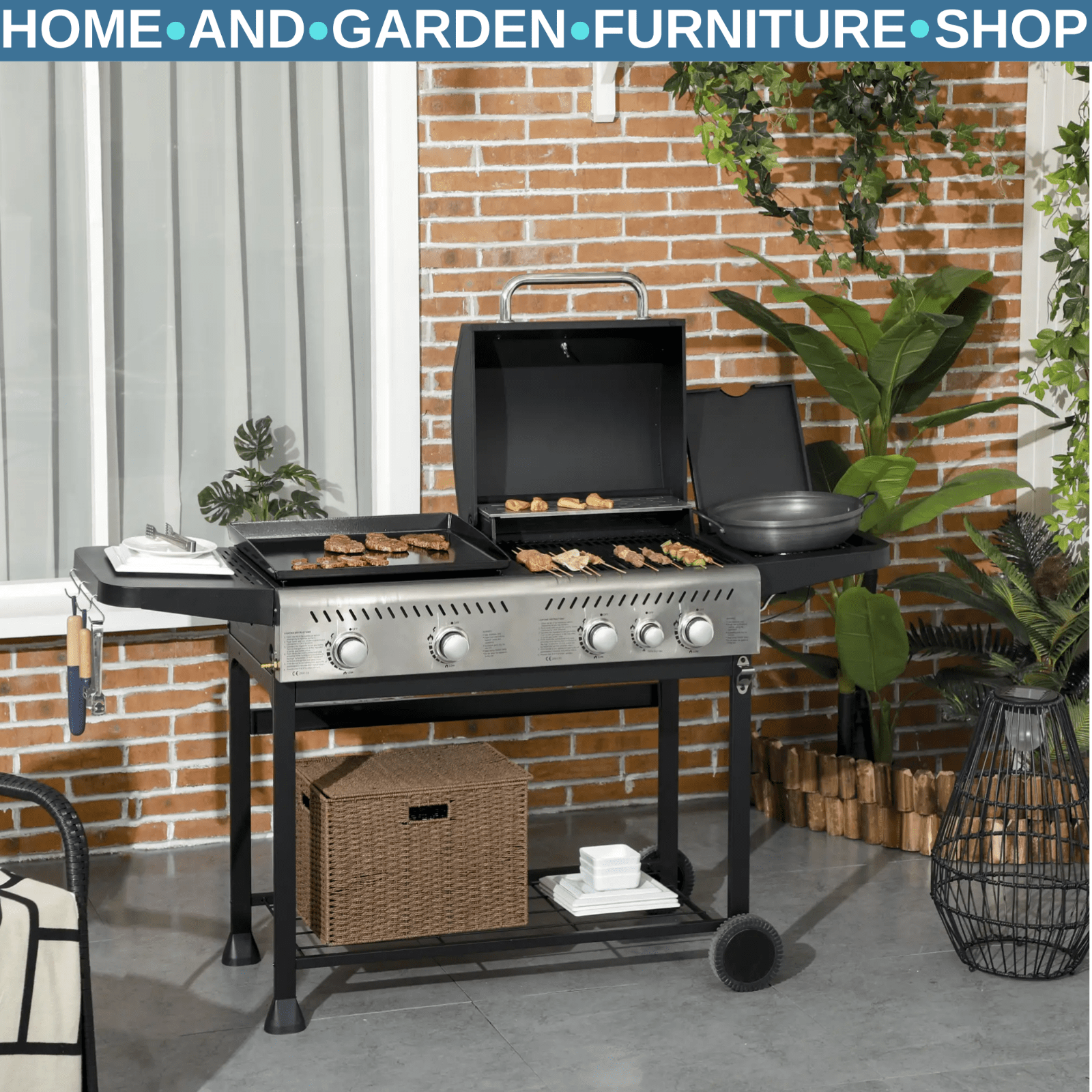 Gas Barbecue Grill Propane with Thermometer Gauge, Lower Shelf & 2 - Wheels Black - Home and Garden Furniture Shop - rustic - furniture