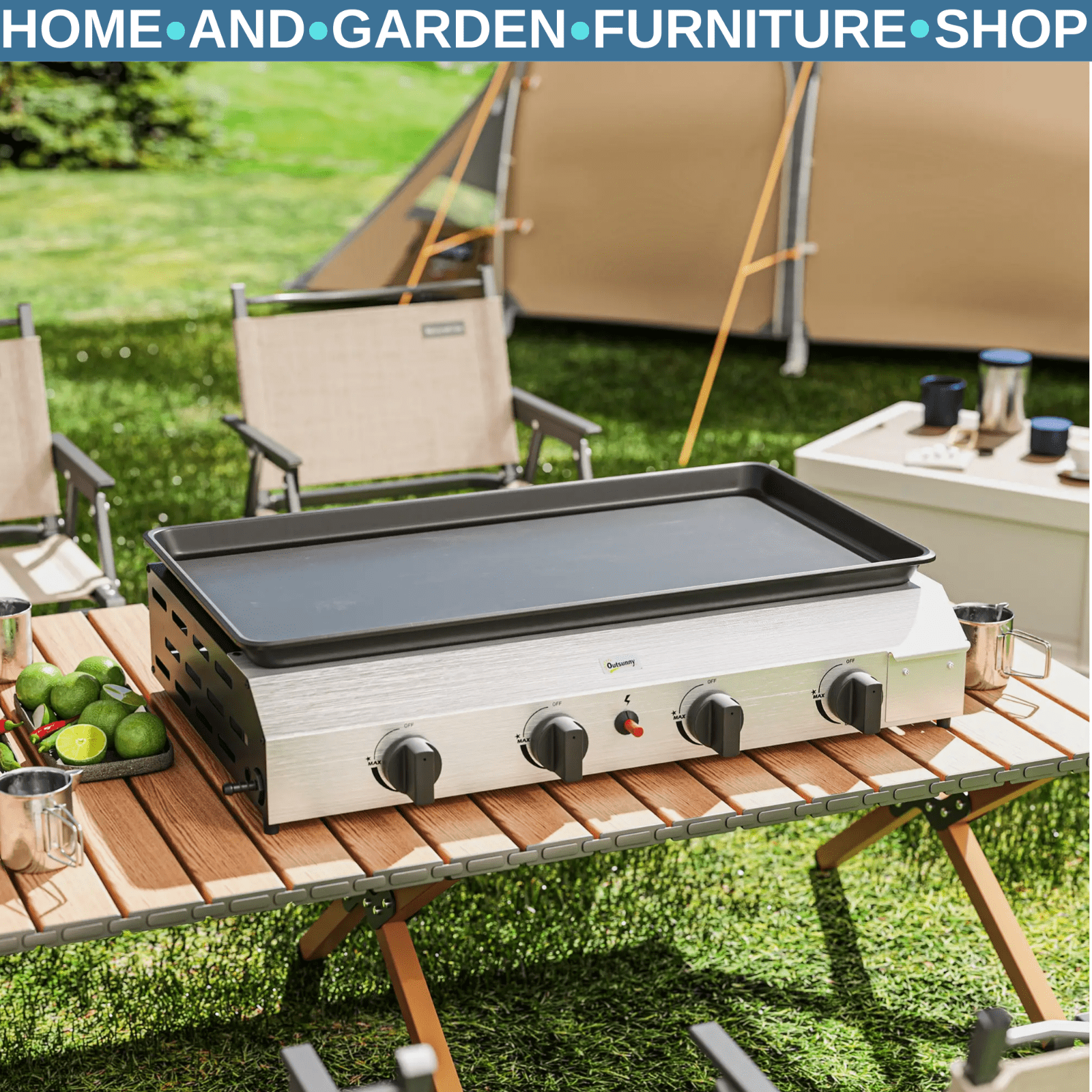 Gas BBQ Grill with Non - Stick Griddle Plate & Adjustable Foot Pads Silver Tone - Home and Garden Furniture Shop - rustic - furniture