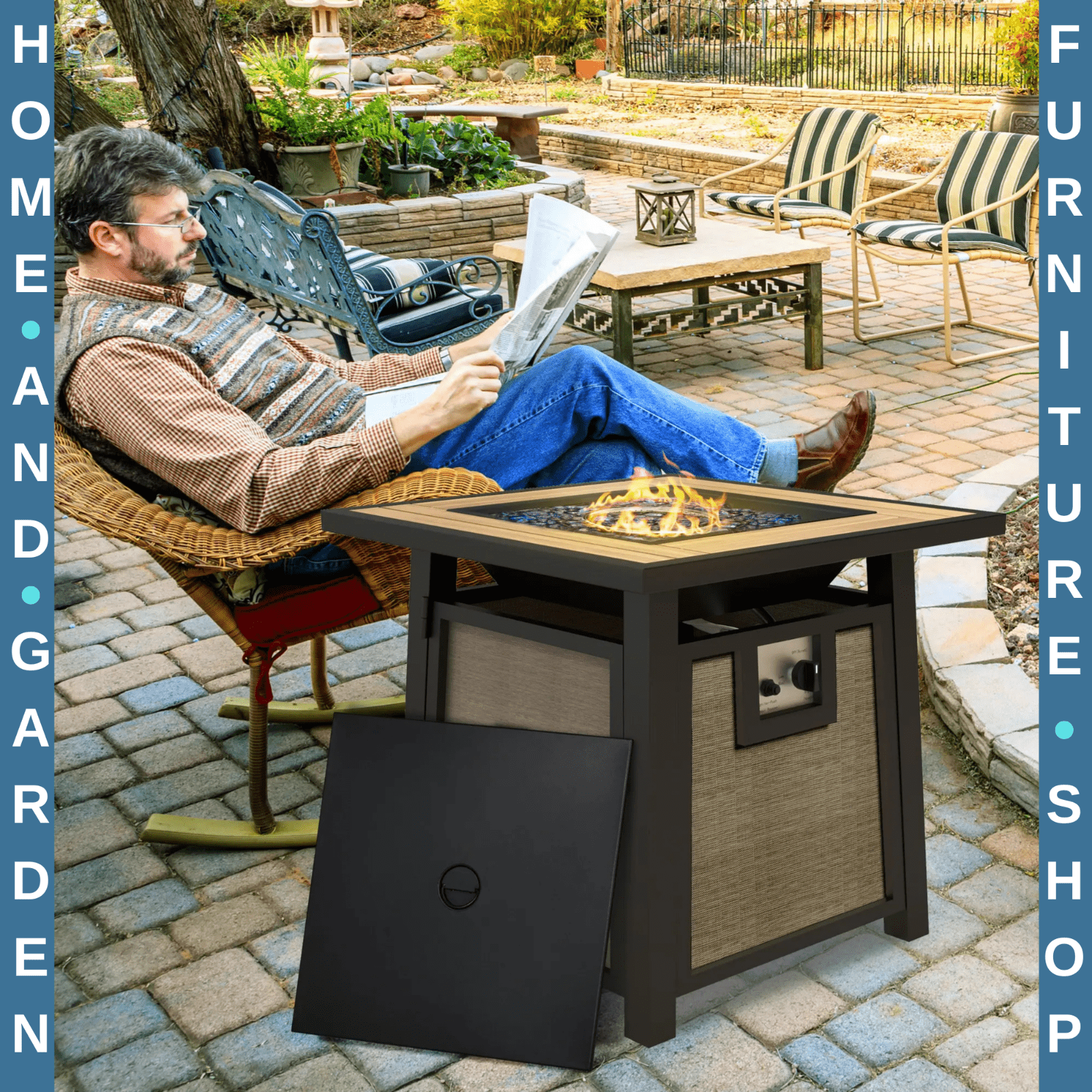 Gas Fire Pit Table 50000 BTU Outdoor Garden Patio Heater with Cover Glass Bead - Home and Garden Furniture Shop - rustic - furniture