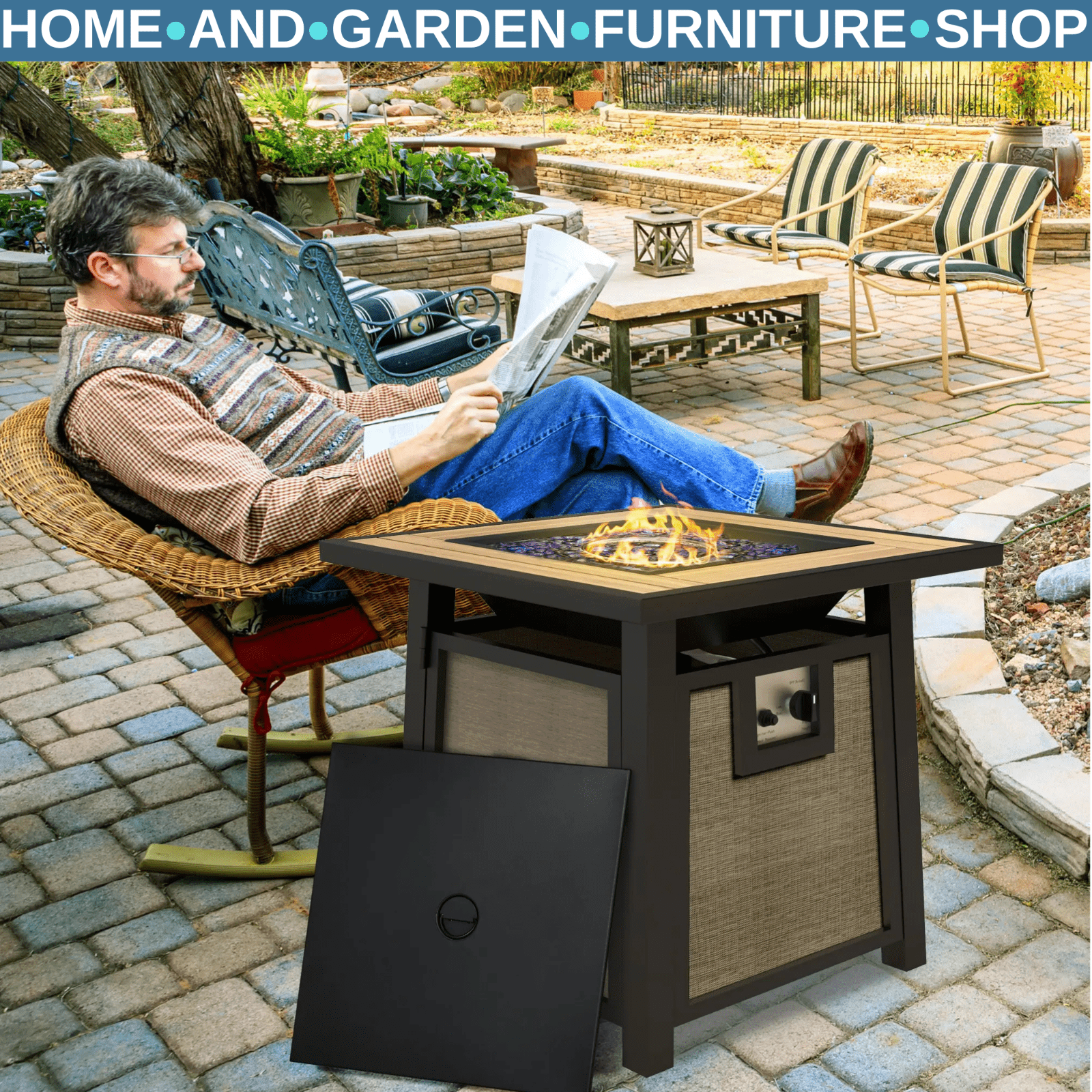 Gas Fire Pit Table 50000 BTU Outdoor Garden Patio Heater with Cover Glass Bead - Home and Garden Furniture Shop - rustic - furniture