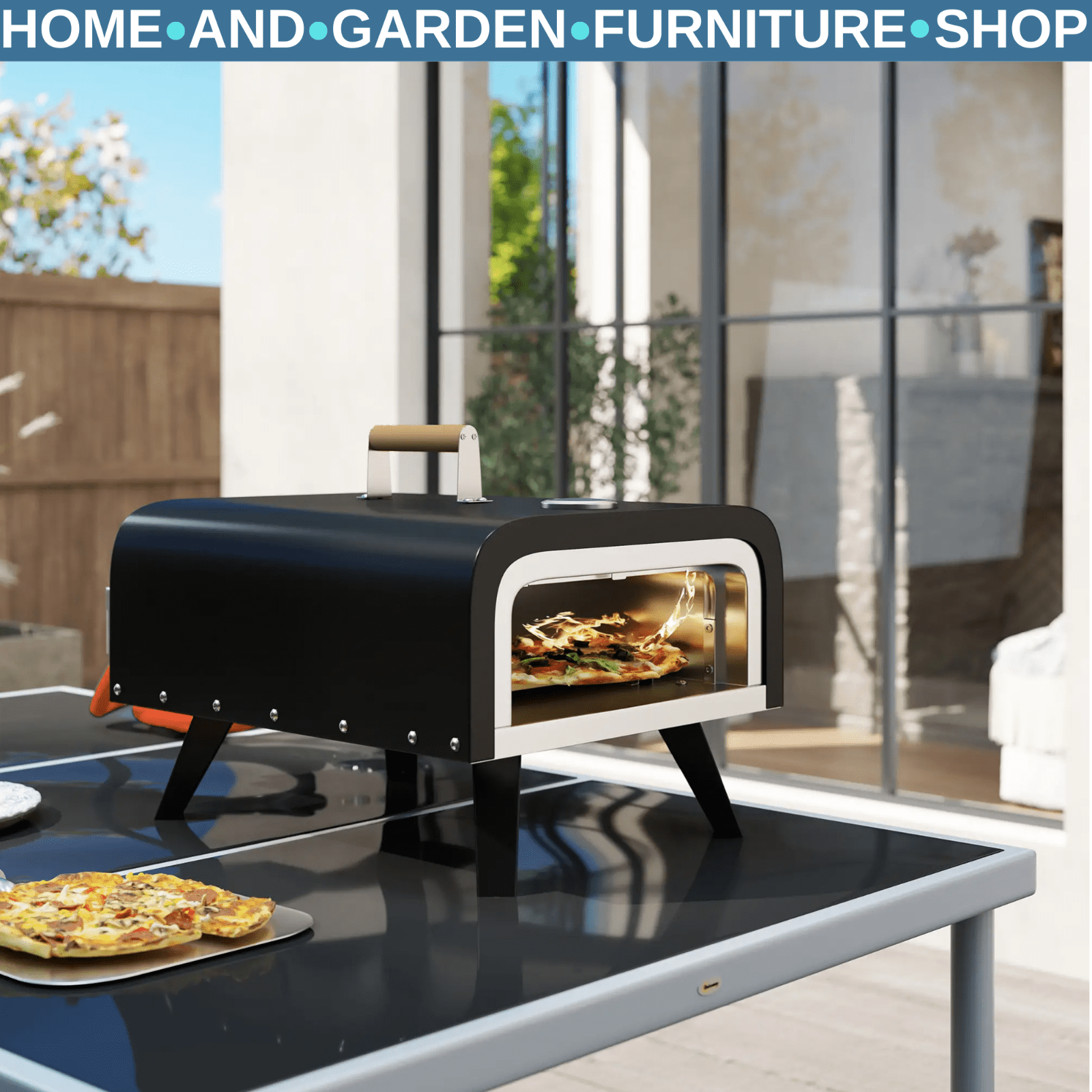 Gas Pizza Oven Portable w/ Built - In Thermometer, Foldable Legs & Tabletop Black - Home and Garden Furniture Shop - rustic - furniture
