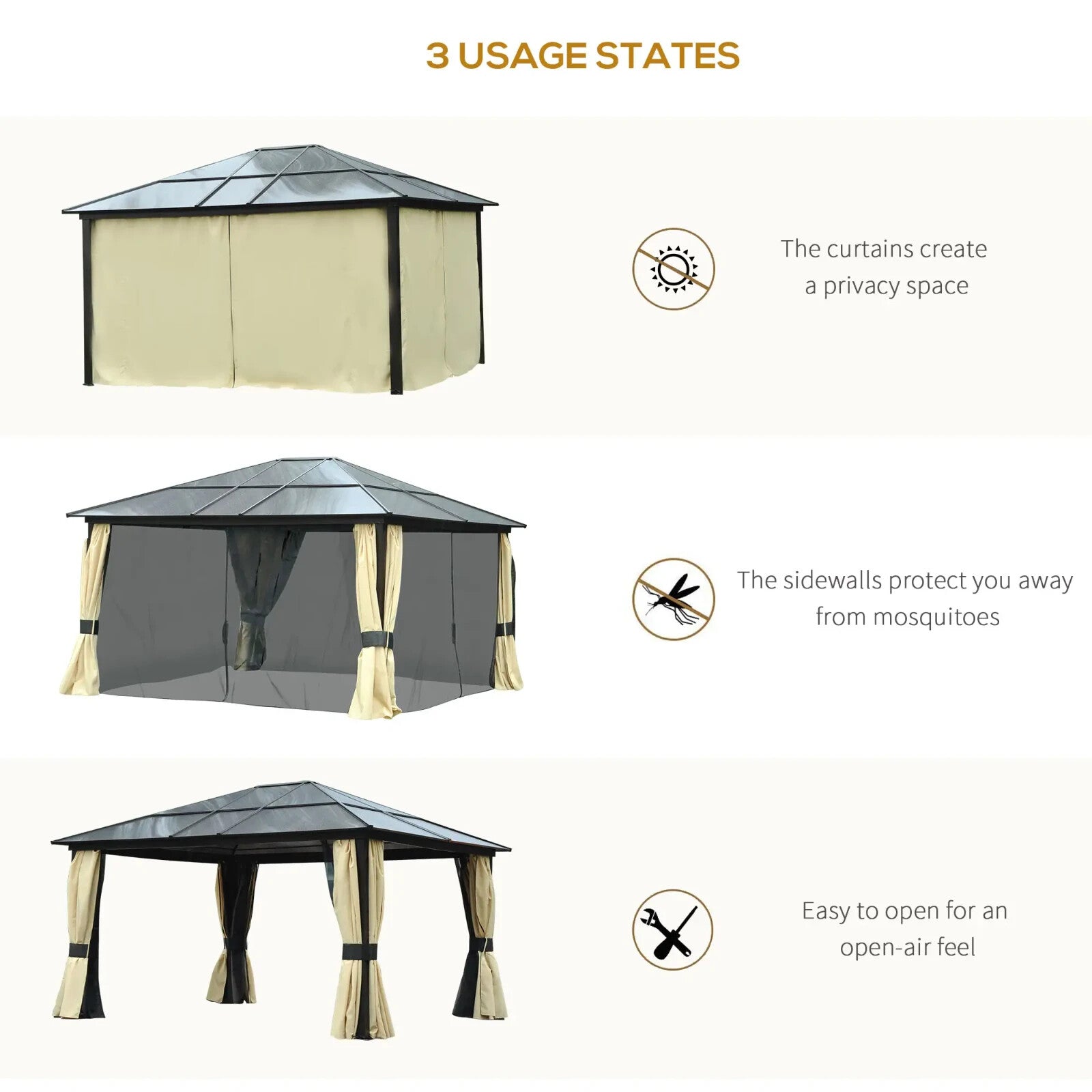 Gazebo Canopy Hardtop W/ Polycarbonate Roof, Mosquito Netting & Curtains Black - Home and Garden Furniture Shop - rustic - furniture