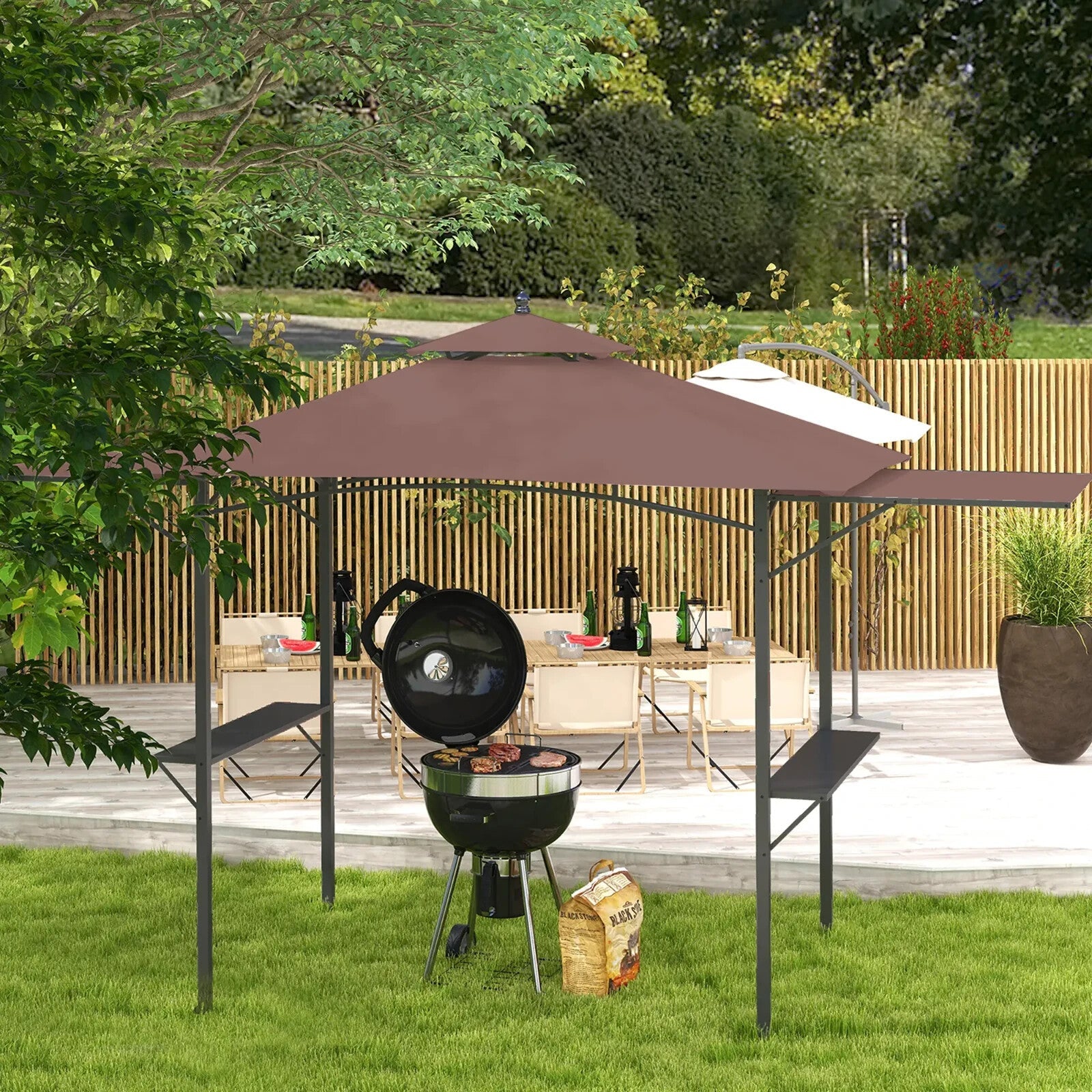 Gazebo Canopy Shelter Double Roof With Extendable Side Awnings & Shelves Coffee - Home and Garden Furniture Shop - #rustic - furniture#