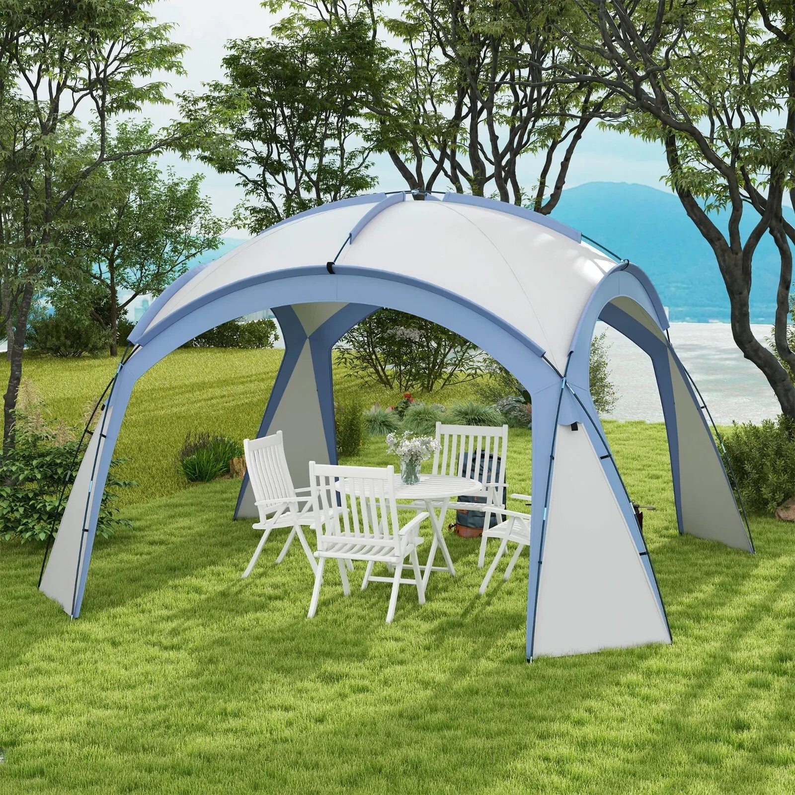 Gazebo Party Tent Dome Polyester Sun Shade Shelter With 12 - Stakes Light Blue - Home and Garden Furniture Shop - rustic - furniture