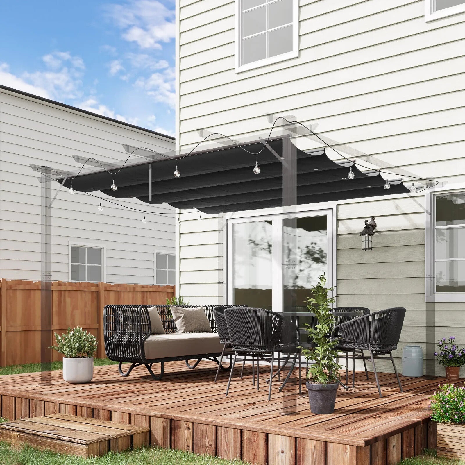 Gazebo Pergola Retractable Roof Sun Shelter Canopy PA Coating w/ Hook Dark Grey - Home and Garden Furniture Shop - rustic - furniture