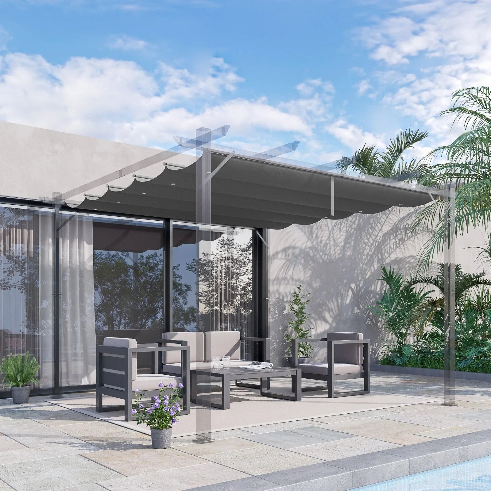 Gazebo Pergola Retractable Roof Sun Shelter Canopy PA Coating w/ Hook Dark Grey - Home and Garden Furniture Shop - rustic - furniture