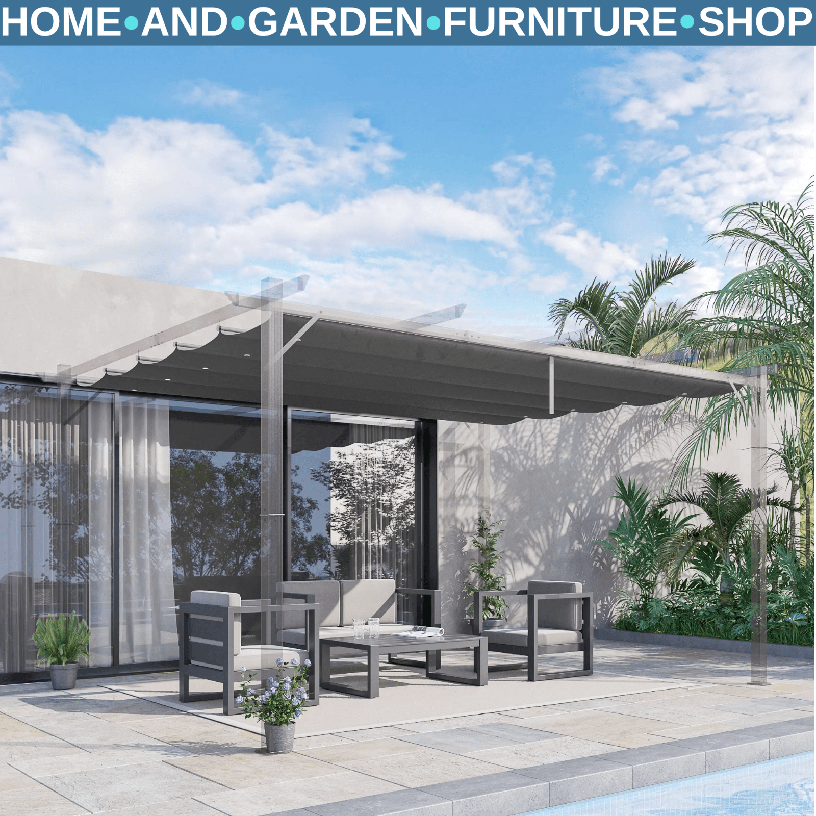 Gazebo Pergola Retractable Roof Sun Shelter Canopy Water Resistant Dark Grey - Home and Garden Furniture Shop - rustic - furniture