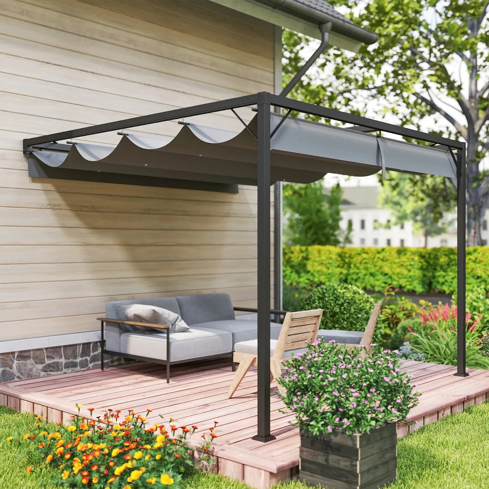 Gazebo Pergola Retractable Roof Sun Shelter Canopy with Adjustable Hight Grey - Home and Garden Furniture Shop - rustic - furniture