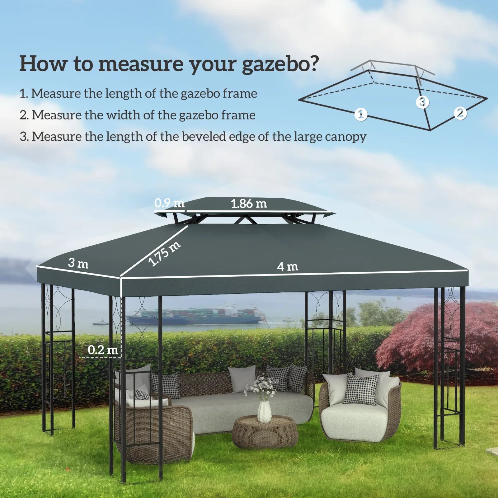 Gazebo Replacement Canopy Top Rectangular Two Tier Roof Water Resistant Grey - Home and Garden Furniture Shop - rustic - furniture