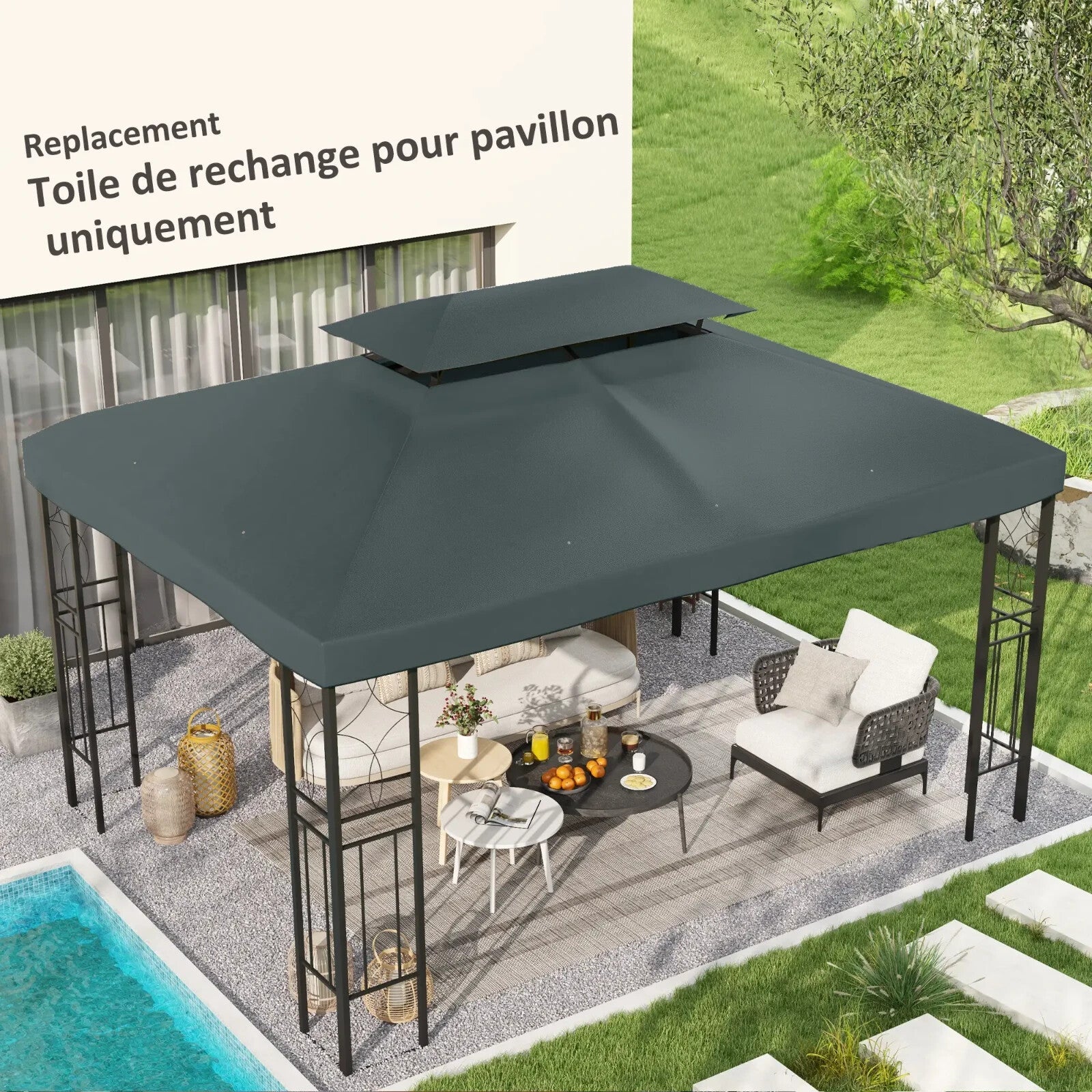 Gazebo Replacement Canopy Top Rectangular Two Tier Roof Water Resistant Grey - Home and Garden Furniture Shop - rustic - furniture