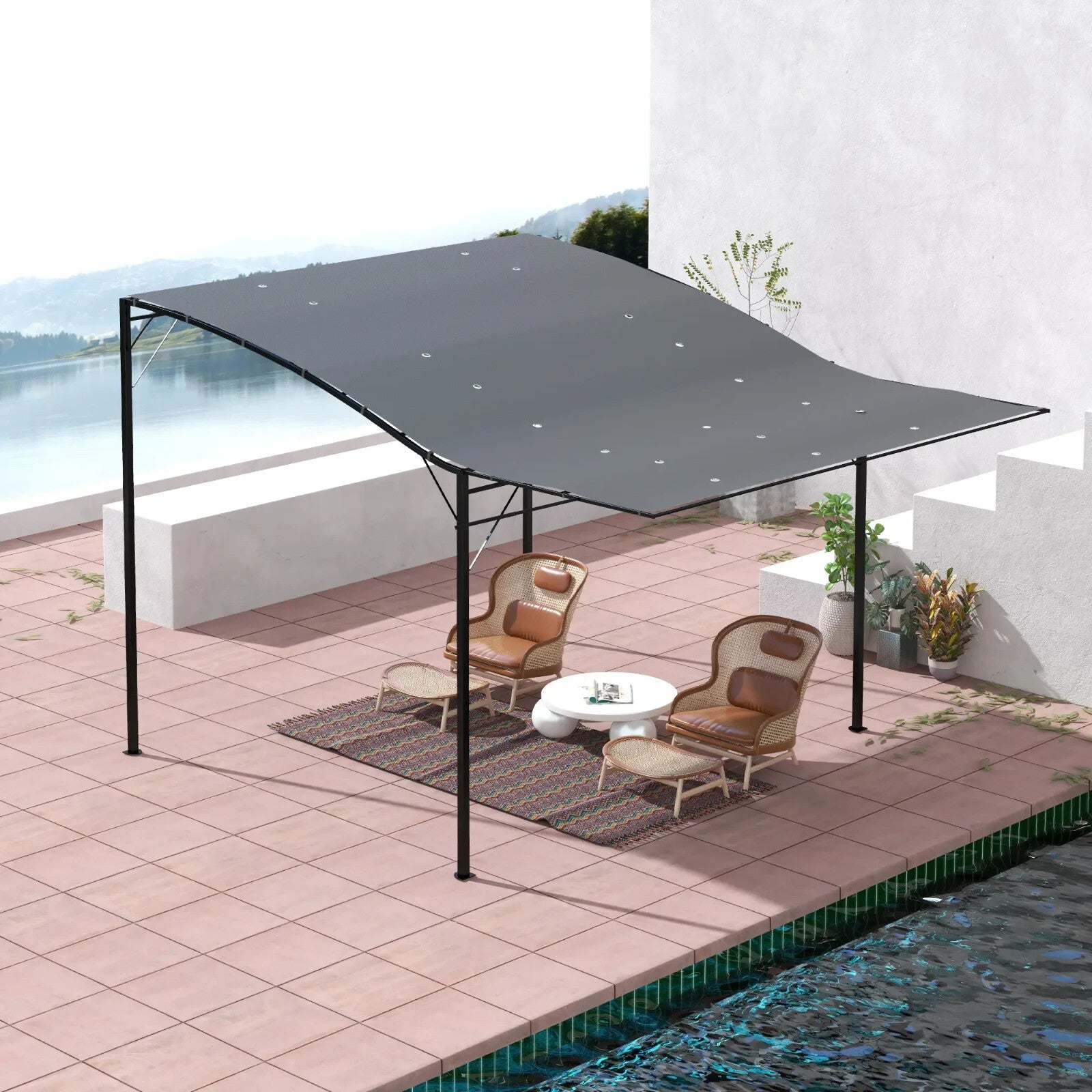Gazebo Sun Shade Shelter Metal Wall Mounted With Extended Canopy Charcoal Grey - Home and Garden Furniture Shop - rustic - furniture