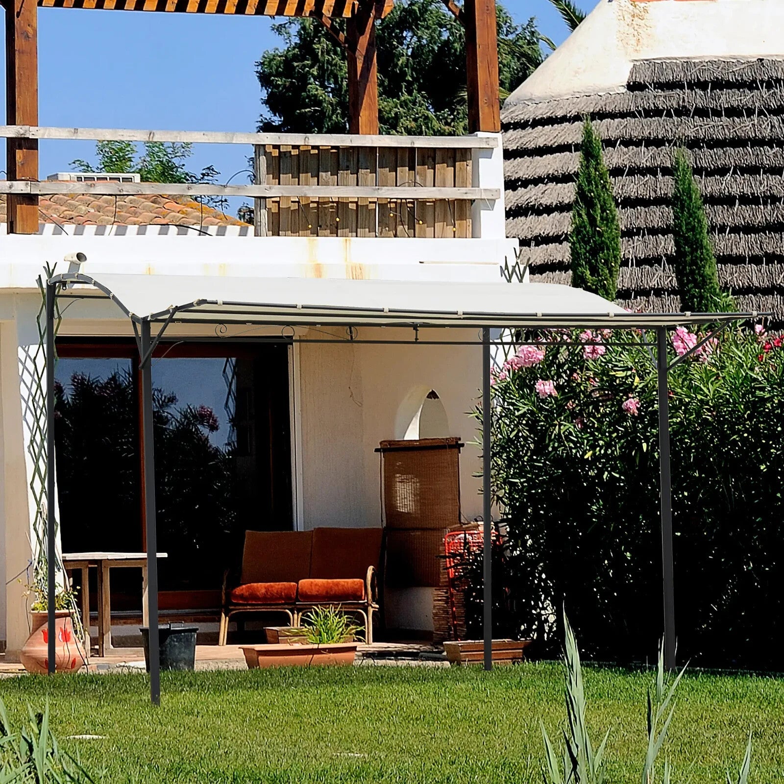Gazebo Sunshade Shelter Rectangle Wall Mounted with Extended Canopy Cream White - Home and Garden Furniture Shop - rustic - furniture