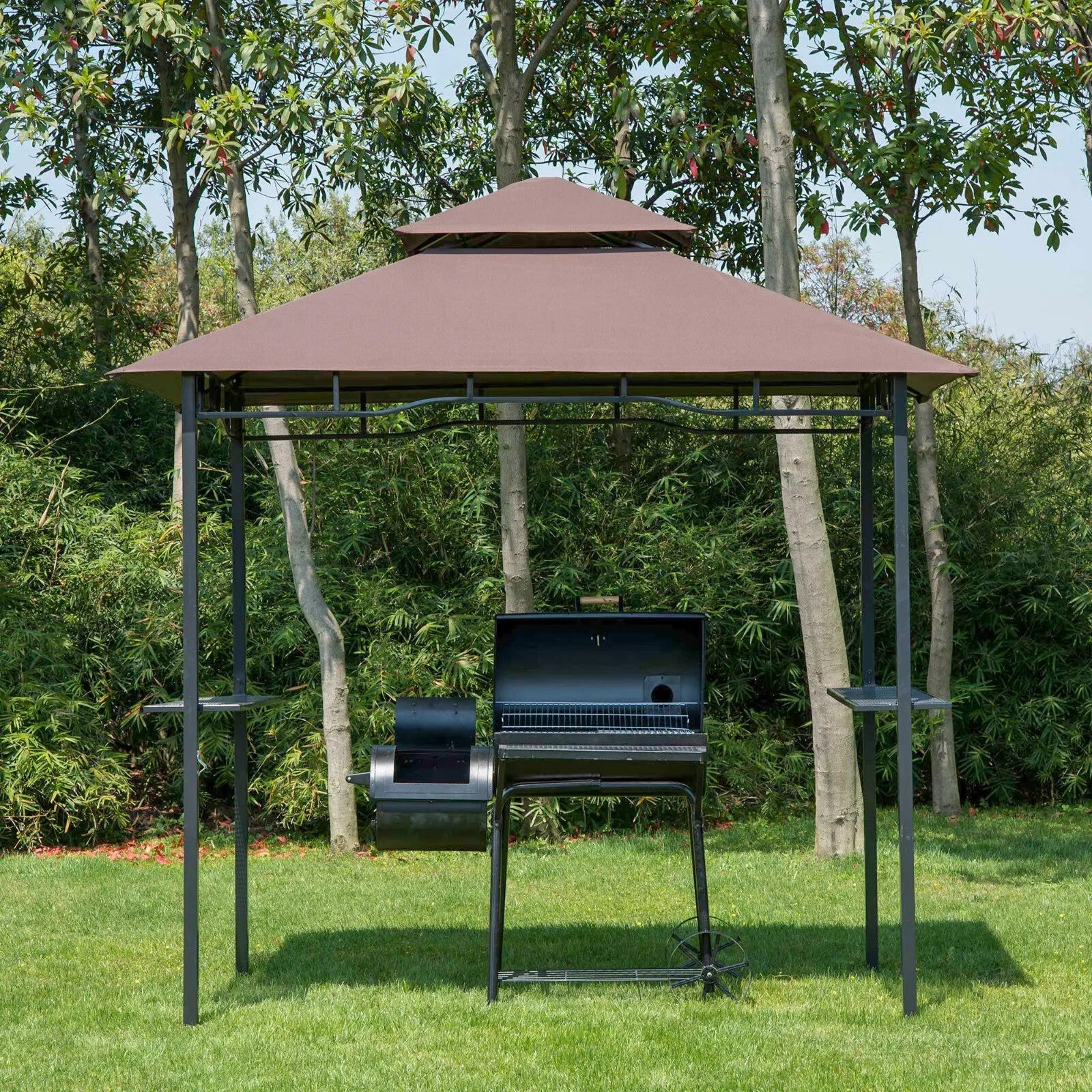 Gazebo Tent 2 - Tier Sun Shelter Canopy with Side Shelves & Barbecue Grill Brown - Home and Garden Furniture Shop - rustic - furniture