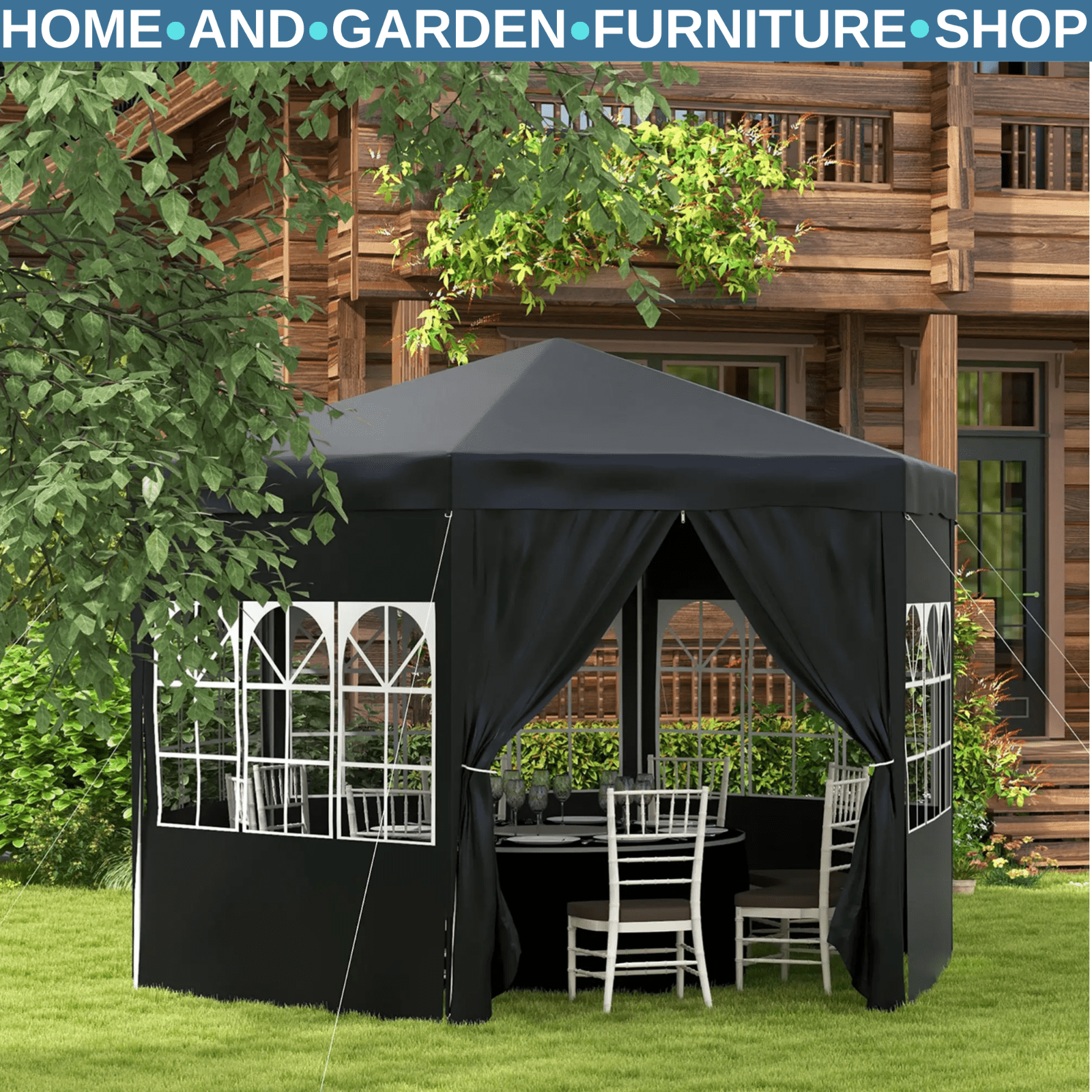 Gazebo Tent Sun Shade Canopy with 6 Removable Walls & Transparent Windows Black - Home and Garden Furniture Shop - #rustic - furniture#