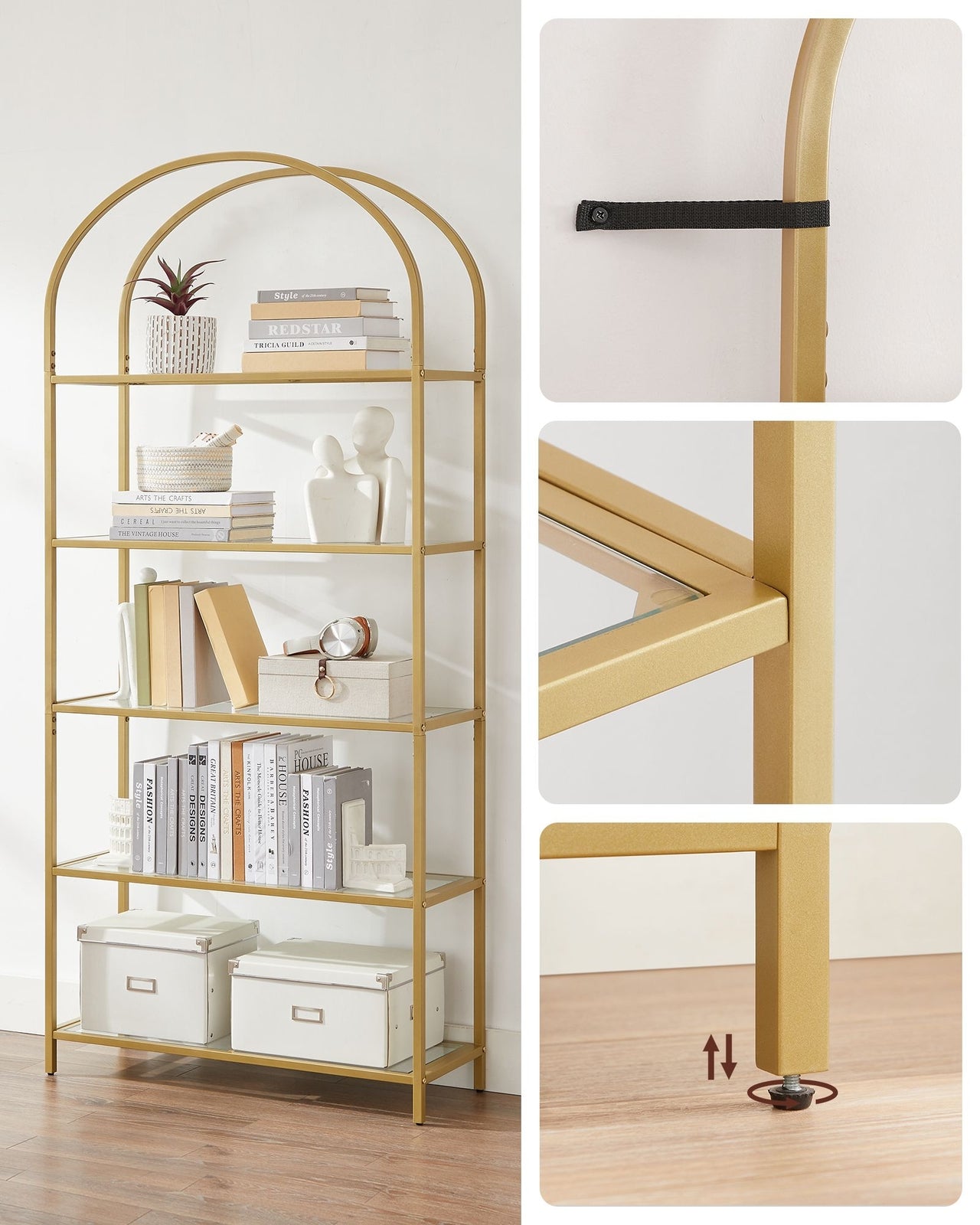 Gold Display Cabinet Glass Storage Large Bookcase Vintage Metal Tall Shelf Unit - Home and Garden Furniture Shop - rustic - furniture
