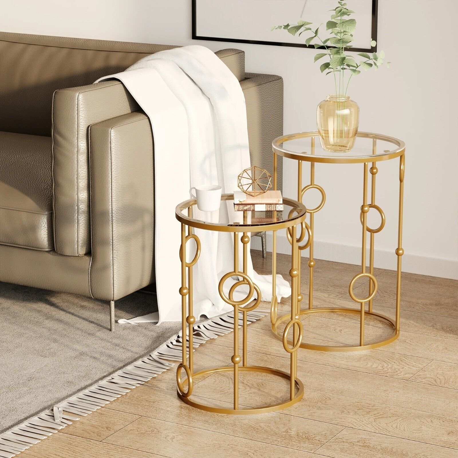 Gold Set of 2 Nesting Coffee Tables Nest Side End Table Set Glass Top Metal Legs - Home and Garden Furniture Shop - #rustic - furniture#