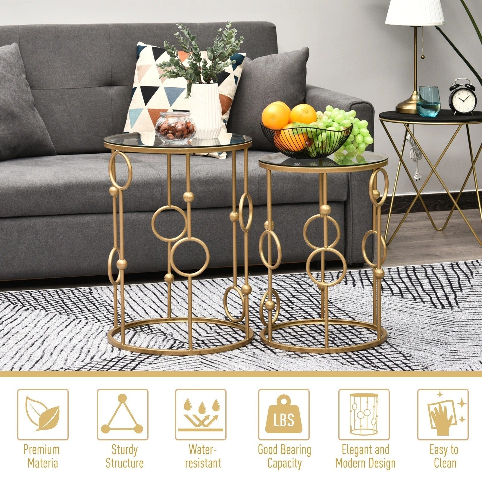 Gold Set of 2 Nesting Coffee Tables Nest Side End Table Set Glass Top Metal Legs - Home and Garden Furniture Shop - rustic - furniture