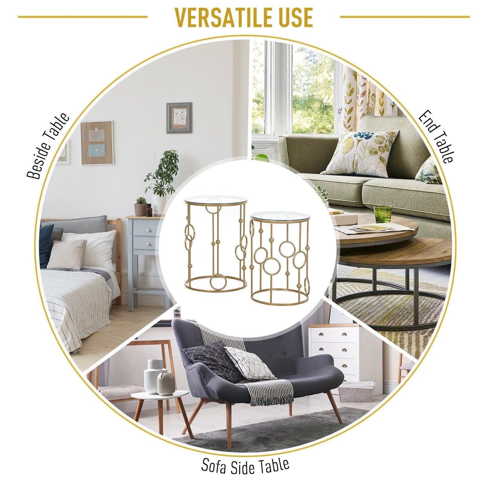Gold Set of 2 Nesting Coffee Tables Nest Side End Table Set Glass Top Metal Legs - Home and Garden Furniture Shop - rustic - furniture