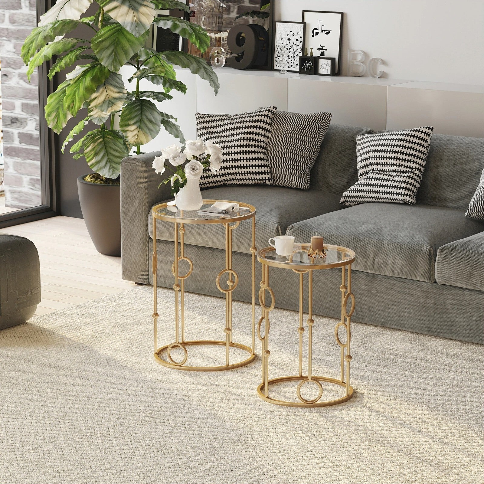 Gold Set of 2 Nesting Coffee Tables Nest Side End Table Set Glass Top Metal Legs - Home and Garden Furniture Shop - rustic - furniture
