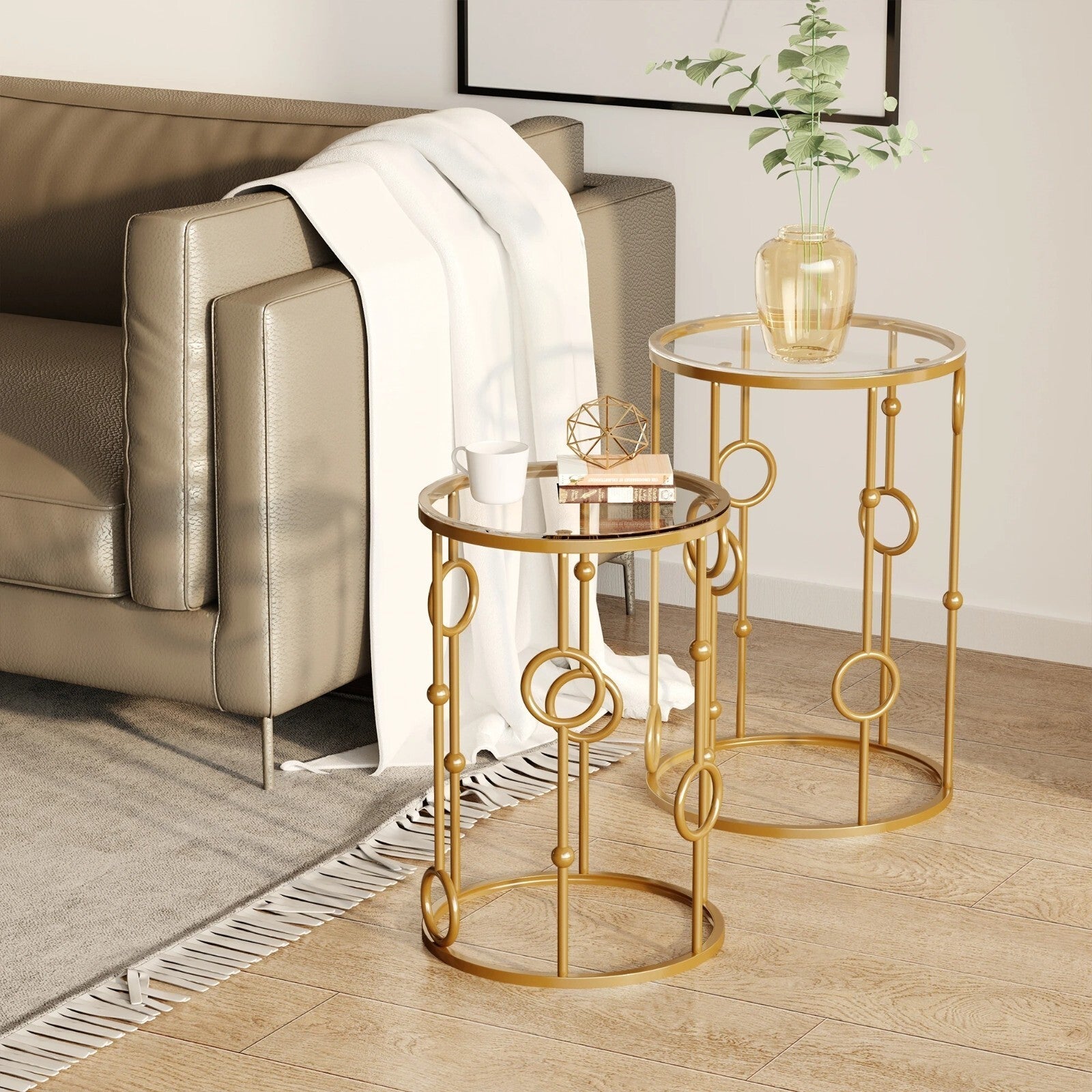 Gold Set of 2 Nesting Coffee Tables Nest Side End Table Set Glass Top Metal Legs - Home and Garden Furniture Shop - rustic - furniture
