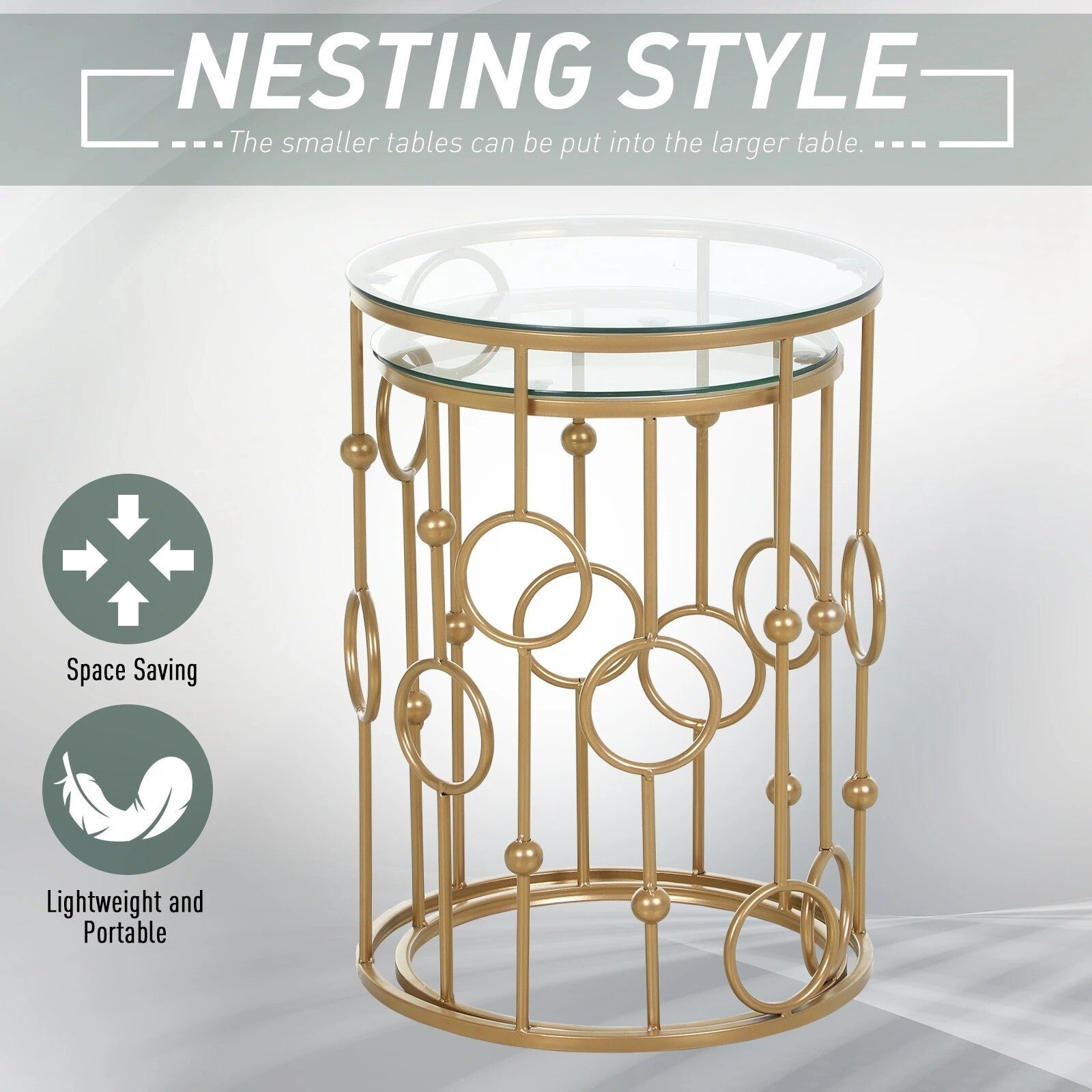 Gold Set of 2 Nesting Coffee Tables Nest Side End Table Set Glass Top Metal Legs - Home and Garden Furniture Shop - rustic - furniture