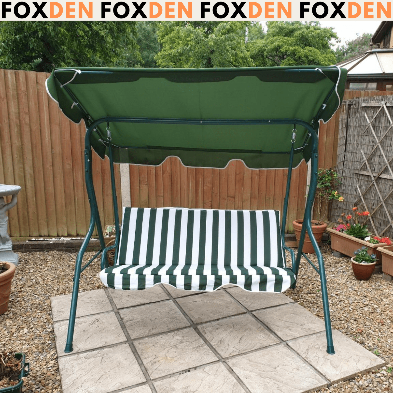 Green 3 Seater Garden Swing Chair Canopy Outdoor Patio Padded Seat Metal Frame - Home and Garden Furniture Shop - #rustic - furniture#