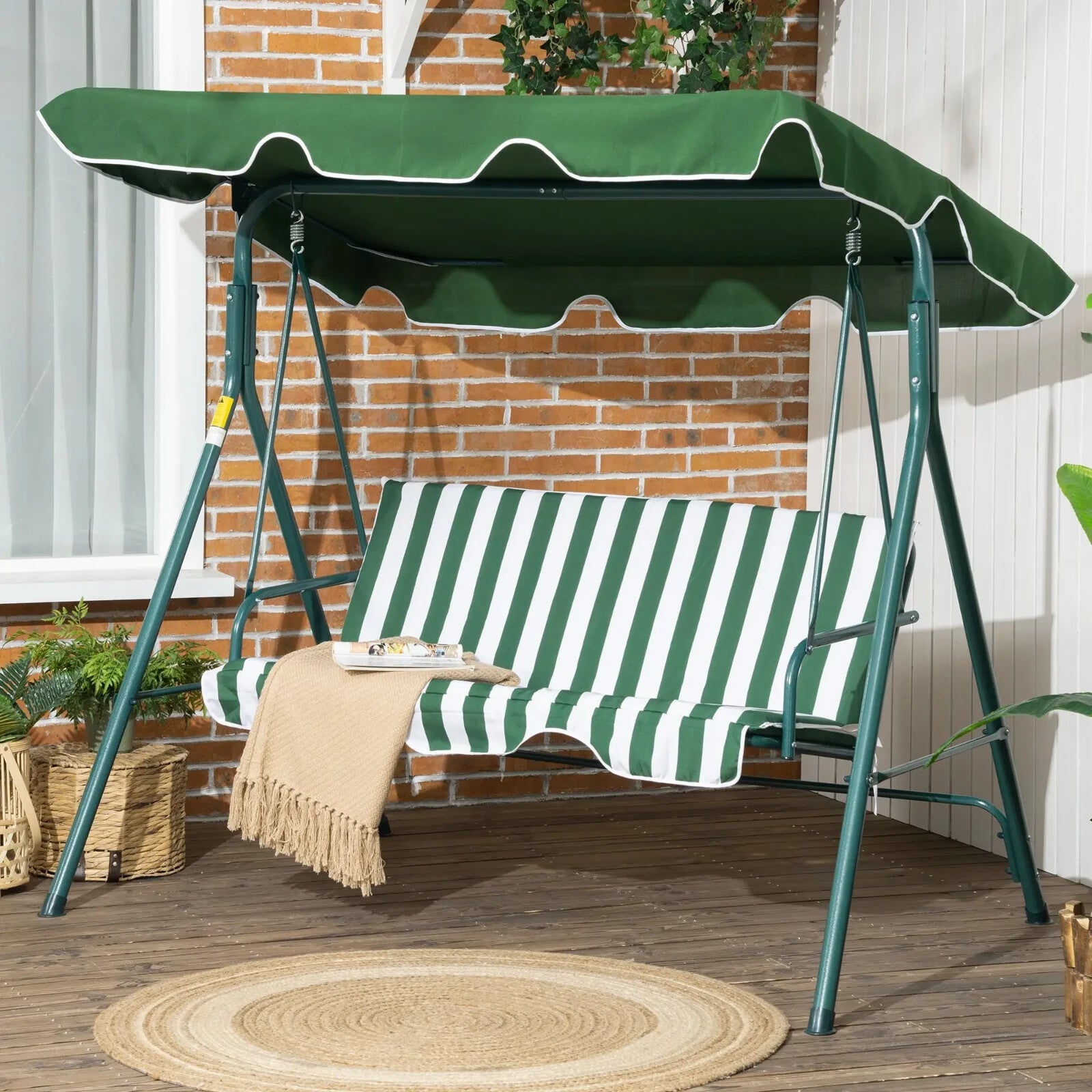 Green 3 Seater Garden Swing Chair Canopy Outdoor Patio Padded Seat Metal Frame - Home and Garden Furniture Shop - rustic - furniture