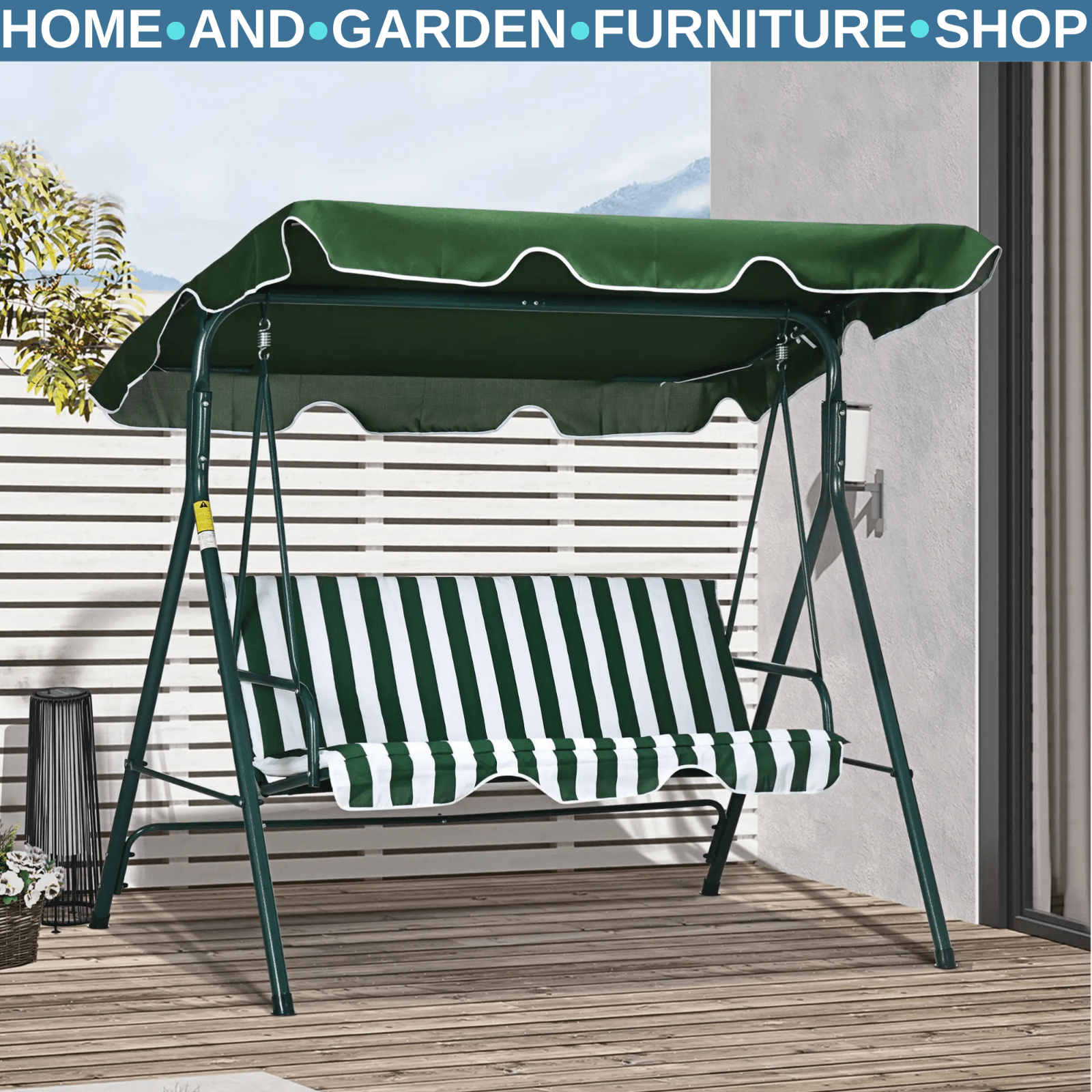Green 3 Seater Garden Swing Chair Canopy Outdoor Patio Padded Seat Metal Frame - Home and Garden Furniture Shop - rustic - furniture