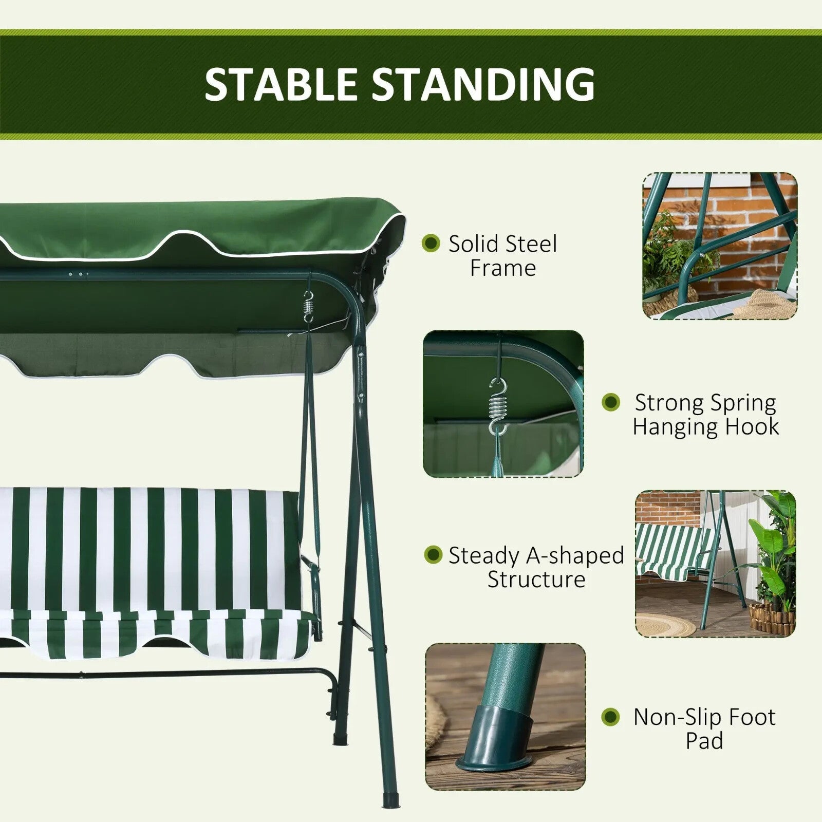 Green 3 Seater Garden Swing Chair Canopy Outdoor Patio Padded Seat Metal Frame - Home and Garden Furniture Shop - rustic - furniture