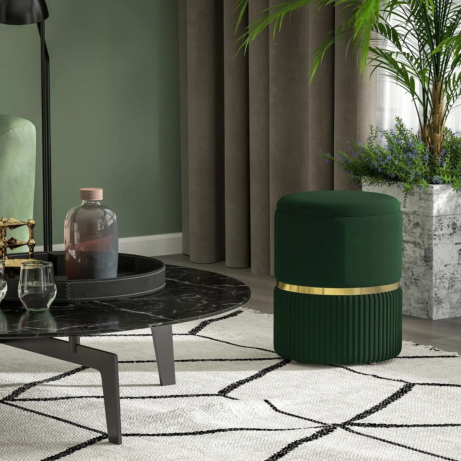 Green Round Pouffe Storage Footstool with Cushioned Top Padded Lid Ottoman Stool - Home and Garden Furniture Shop - rustic - furniture