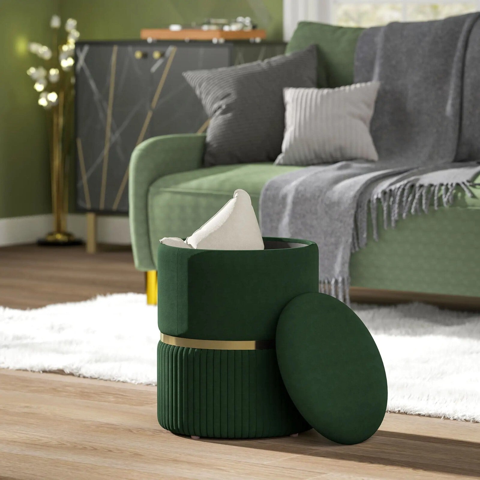 Green Round Pouffe Storage Footstool with Cushioned Top Padded Lid Ottoman Stool - Home and Garden Furniture Shop - rustic - furniture