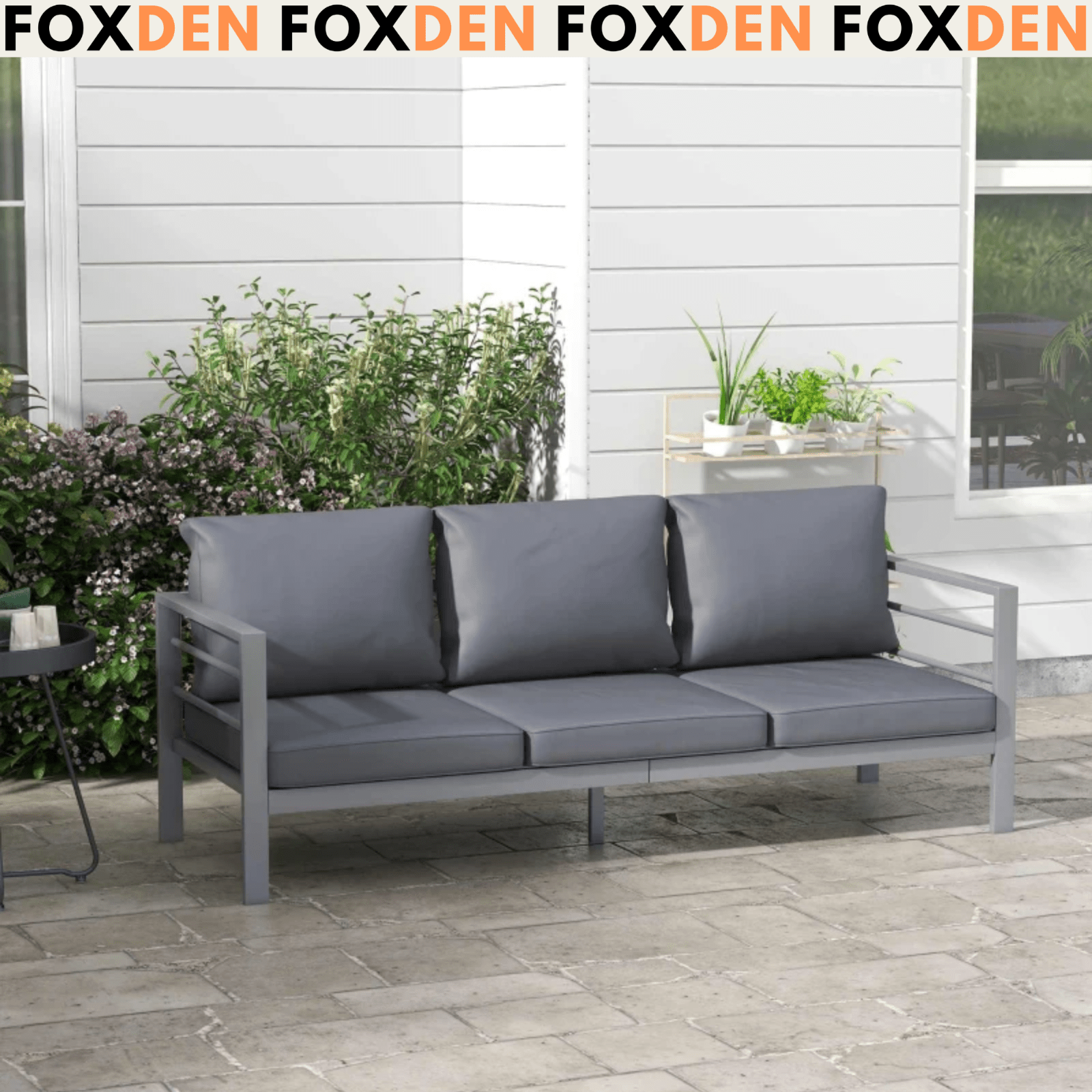 Grey 3 Seater Metal Garden Bench Large Outdoor Patio Sofa Set Lounger Cushions - Home and Garden Furniture Shop - #rustic - furniture#