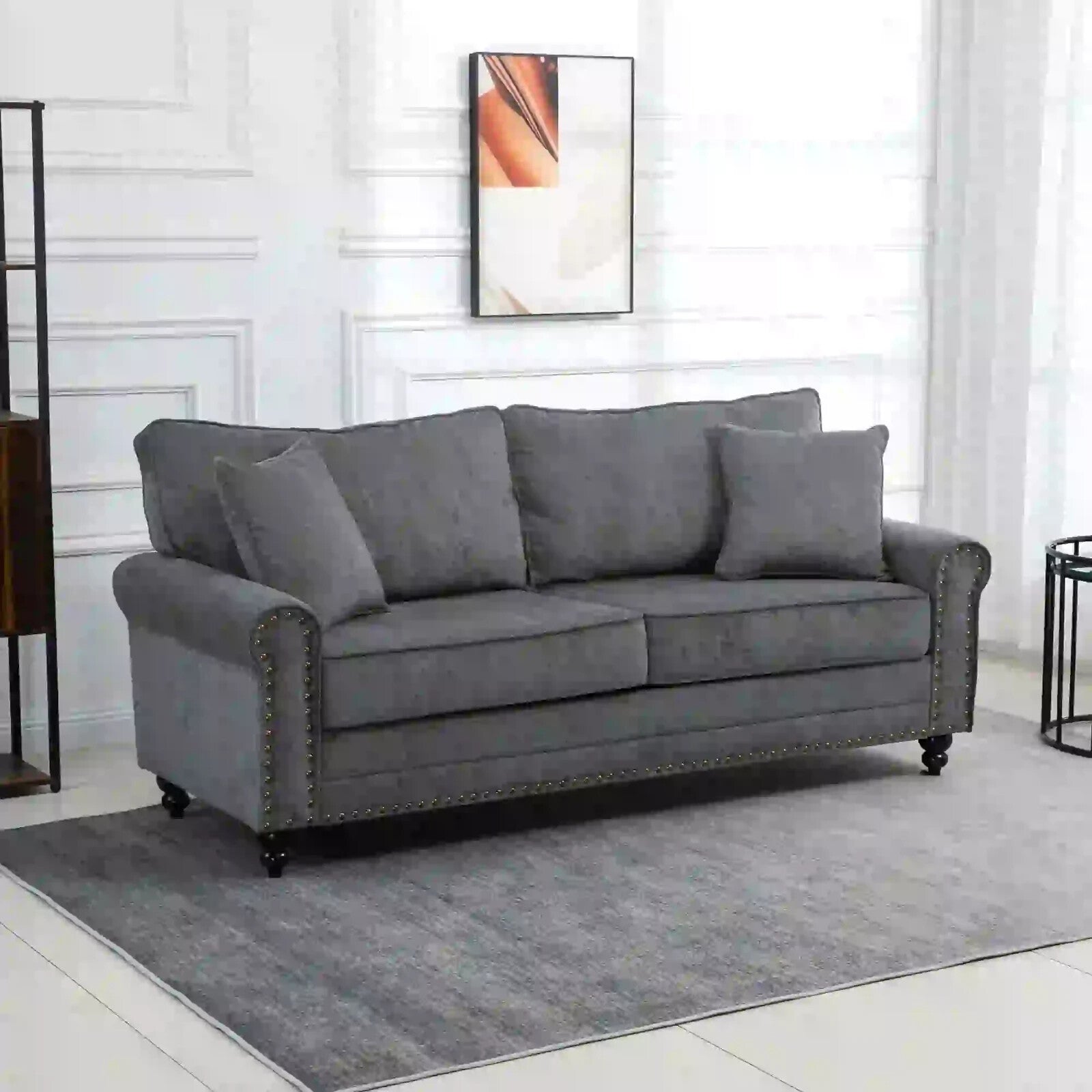 Grey 3 Seater Sofa 3 Person Fabric Sofa for Living Room Throw Pillow Thick Seats - Home and Garden Furniture Shop - rustic - furniture