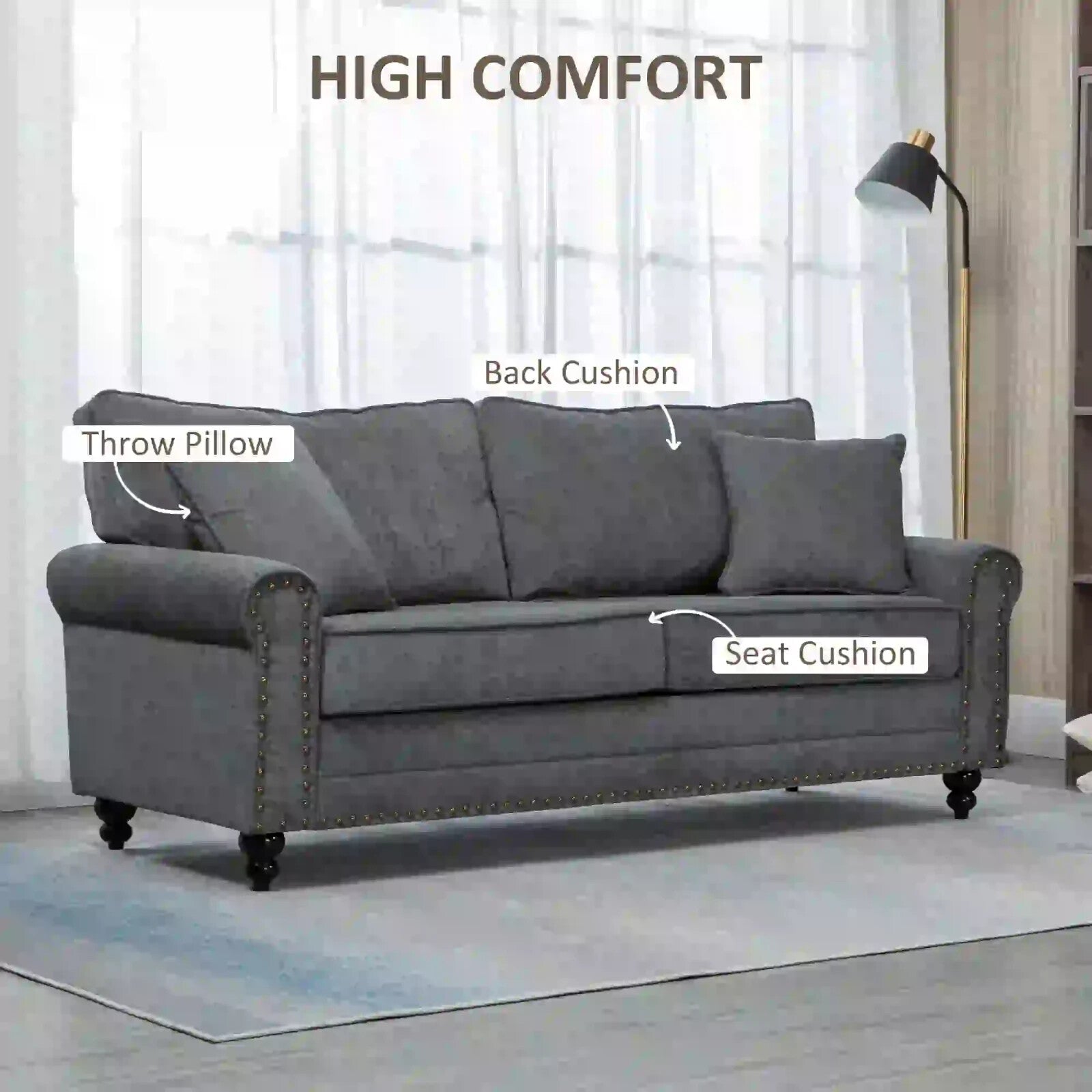 Grey 3 Seater Sofa 3 Person Fabric Sofa for Living Room Throw Pillow Thick Seats - Home and Garden Furniture Shop - rustic - furniture