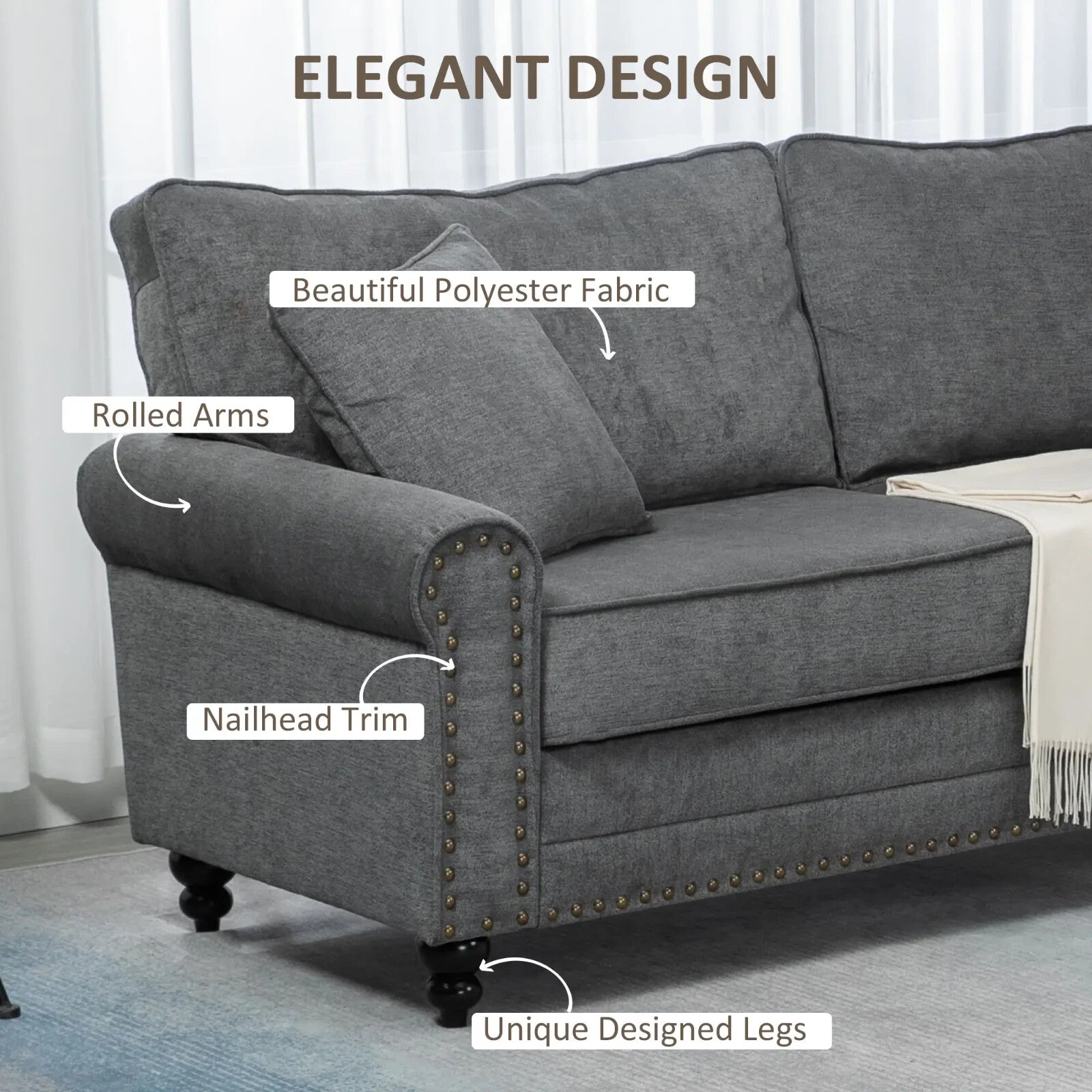 Grey 3 Seater Sofa 3 Person Fabric Sofa for Living Room Throw Pillow Thick Seats - Home and Garden Furniture Shop - rustic - furniture