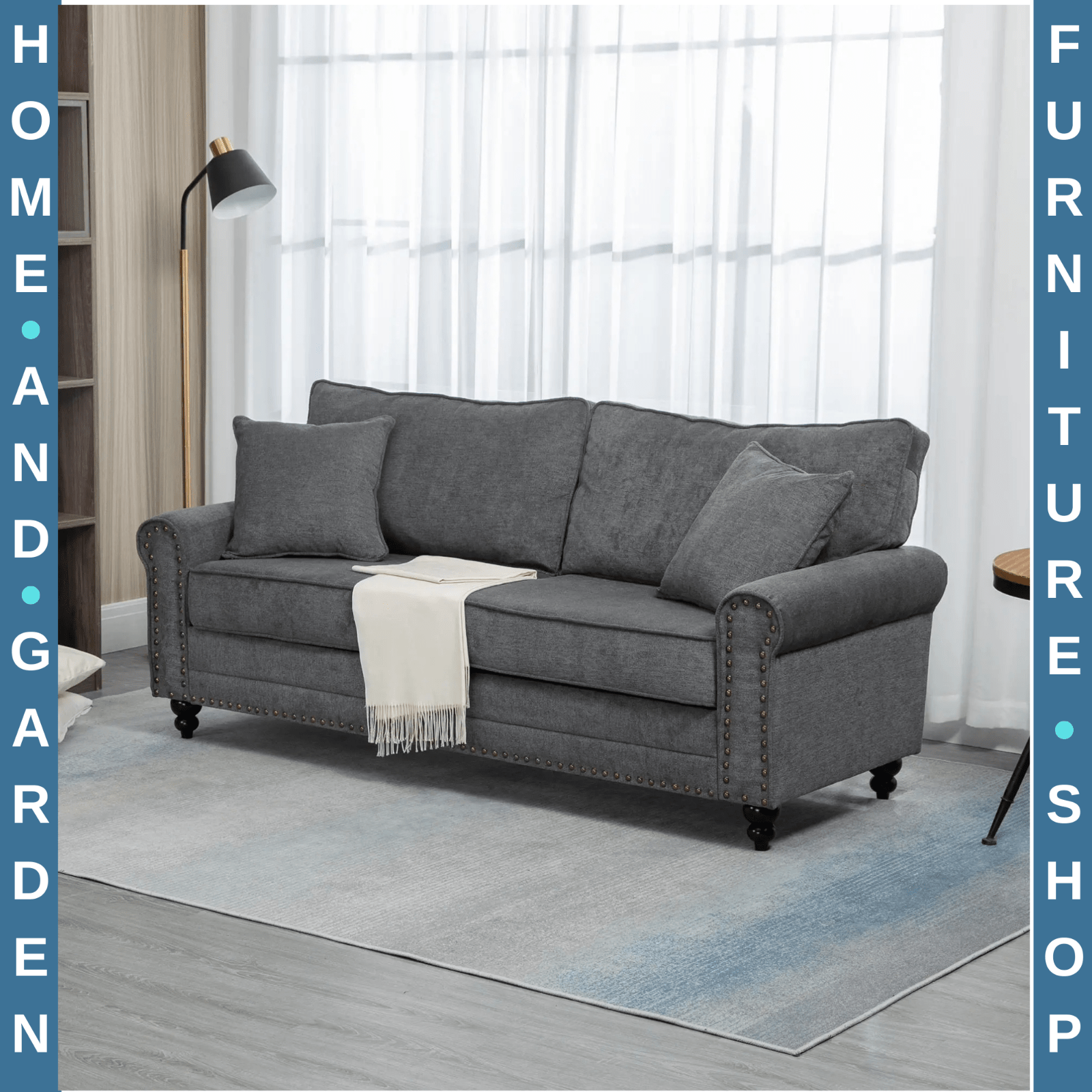 Grey 3 Seater Sofa 3 Person Fabric Sofa for Living Room Throw Pillow Thick Seats - Home and Garden Furniture Shop - rustic - furniture