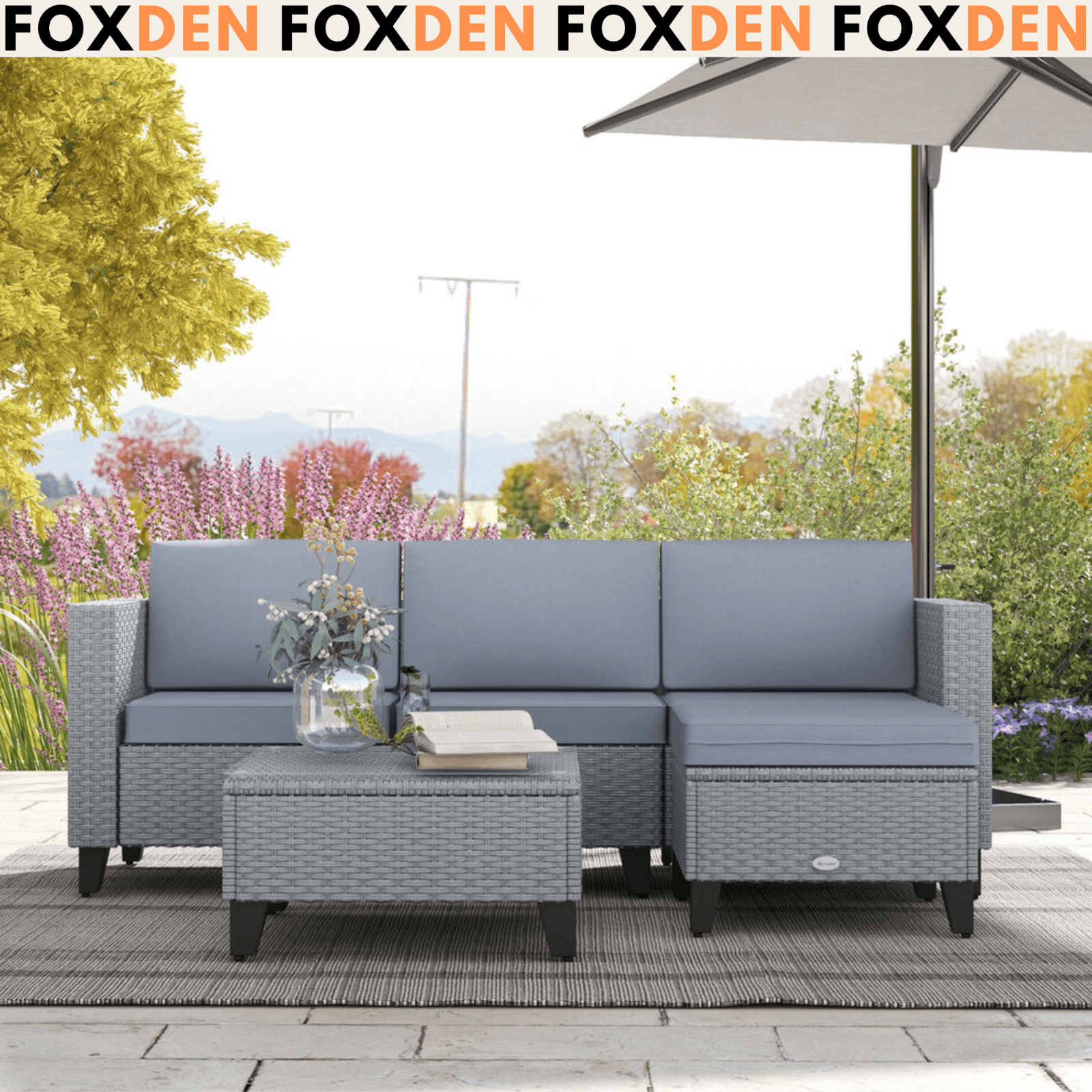 Grey 5 PCs Rattan Garden Furniture Set Glass Coffee Table Corner Seat Cushions - Home and Garden Furniture Shop - rustic - furniture