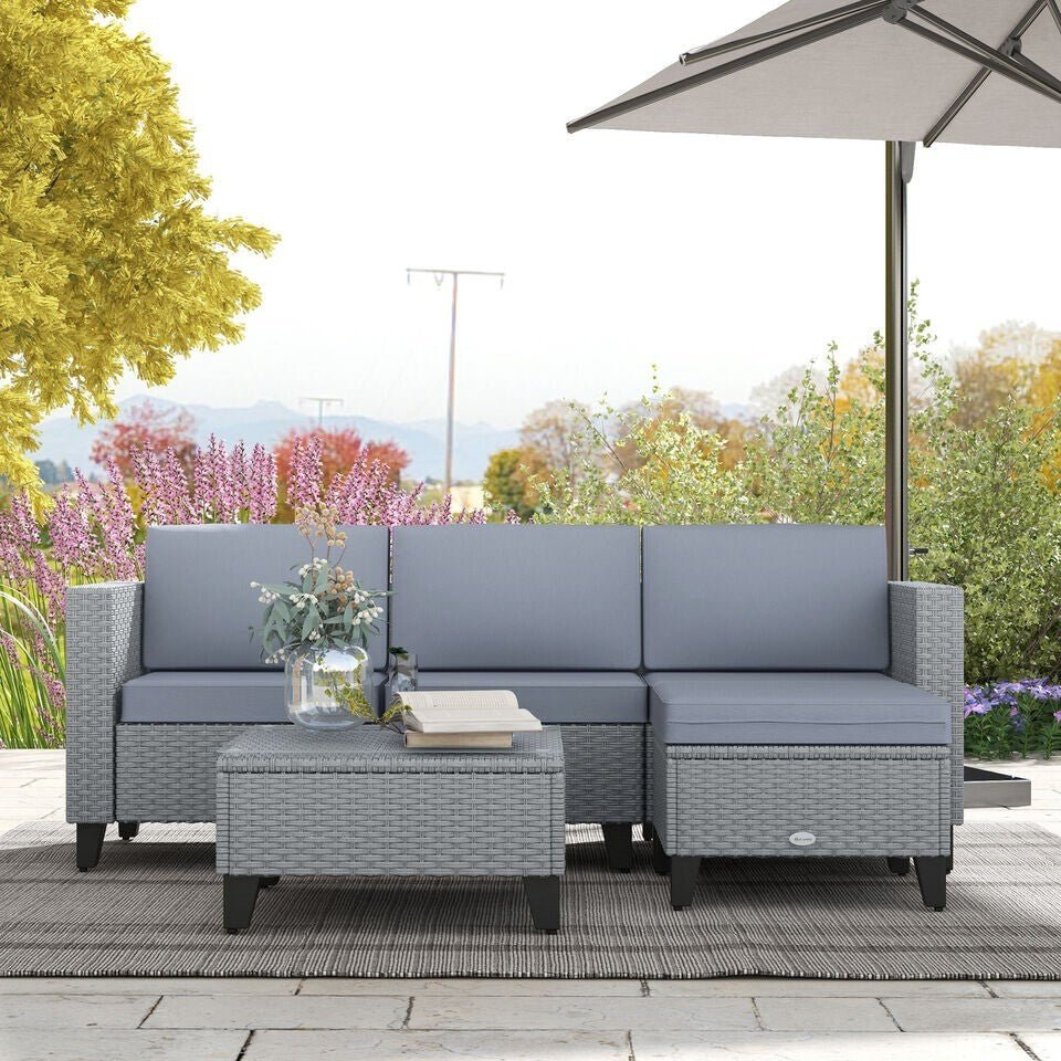 Grey 5 PCs Rattan Garden Furniture Set Glass Coffee Table Corner Seat Cushions - Home and Garden Furniture Shop - rustic - furniture