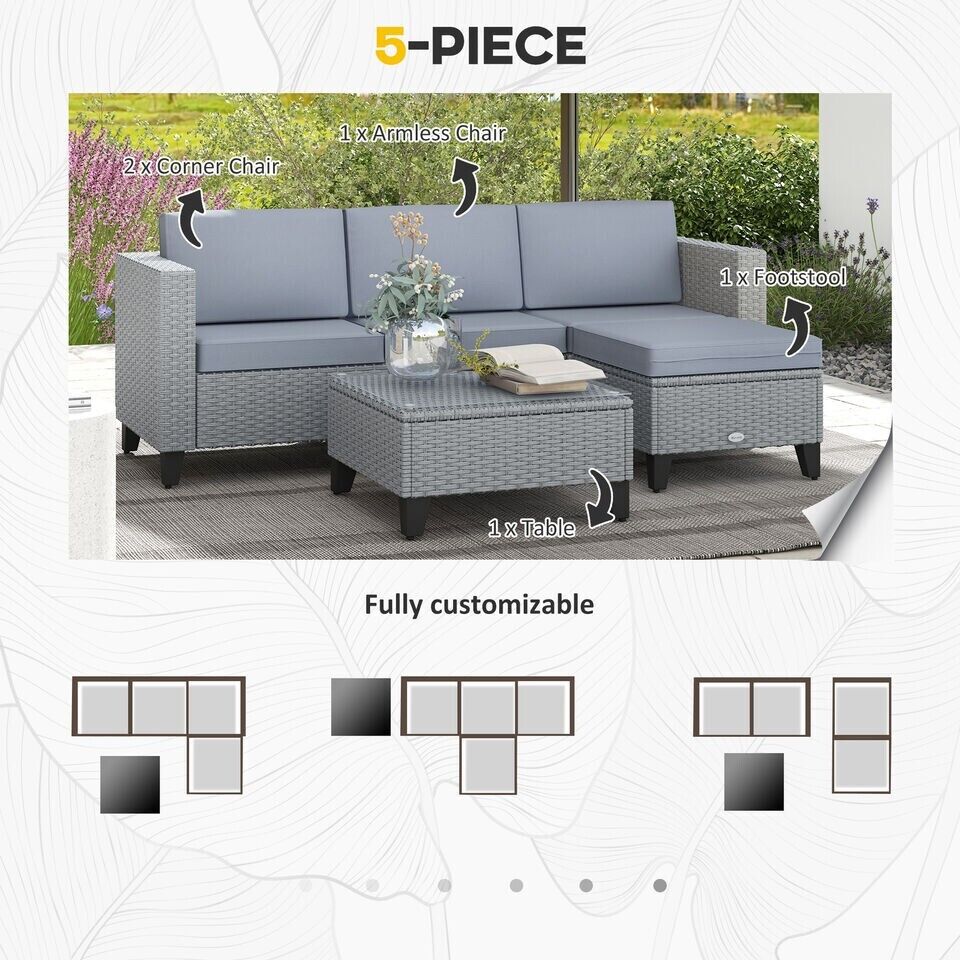 Grey 5 PCs Rattan Garden Furniture Set Glass Coffee Table Corner Seat Cushions - Home and Garden Furniture Shop - #rustic - furniture#