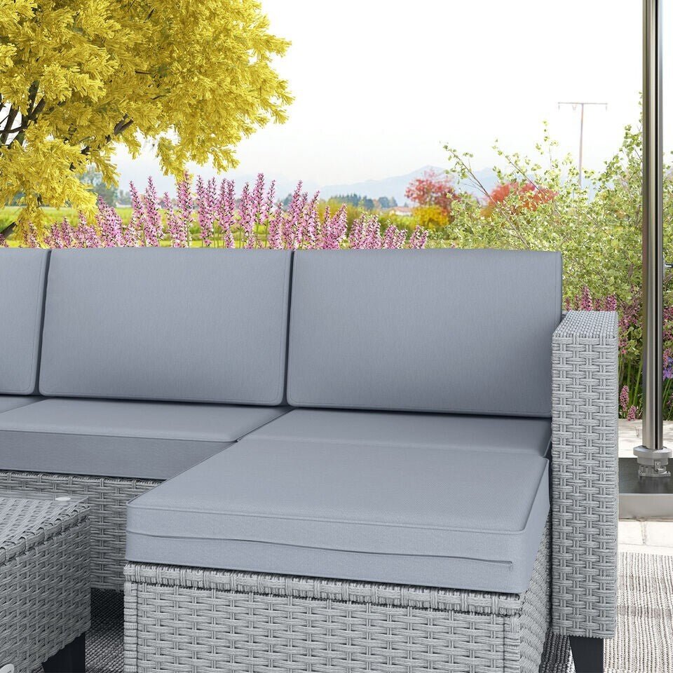 Grey 5 PCs Rattan Garden Furniture Set Glass Coffee Table Corner Seat Cushions - Home and Garden Furniture Shop - rustic - furniture