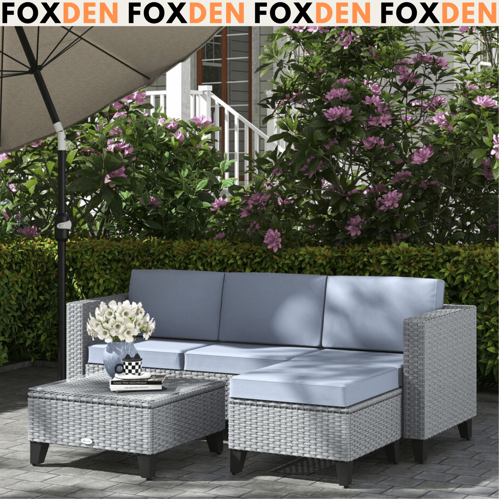 Grey 5 PCs Rattan Garden Furniture Set Glass Coffee Table Corner Seat Cushions - Home and Garden Furniture Shop - rustic - furniture