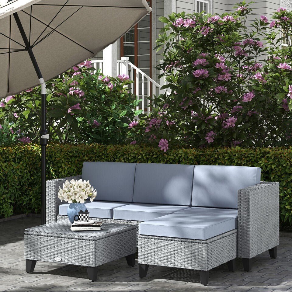 Grey 5 PCs Rattan Garden Furniture Set Glass Coffee Table Corner Seat Cushions - Home and Garden Furniture Shop - rustic - furniture