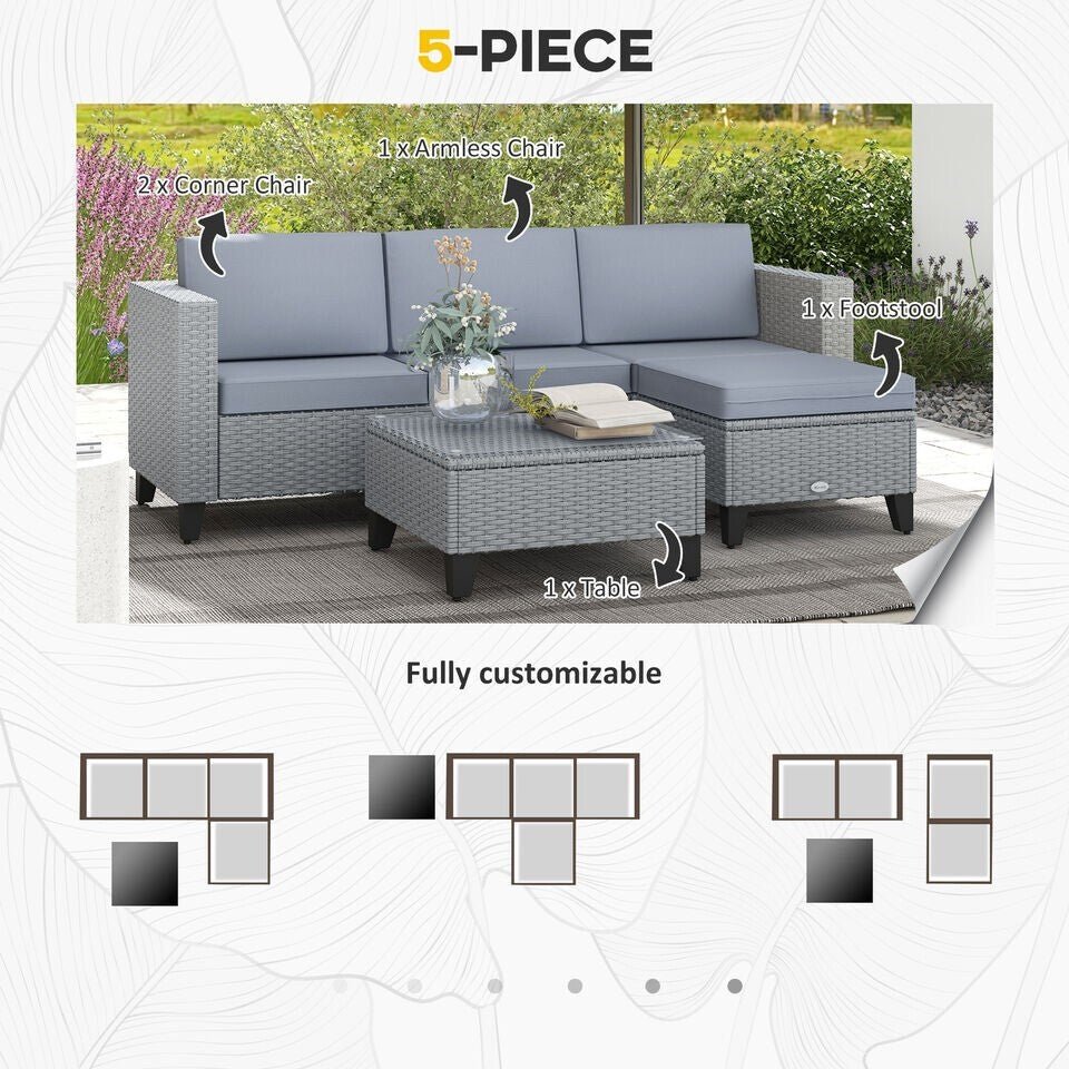 Grey 5 PCs Rattan Garden Furniture Set Glass Coffee Table Corner Seat Cushions - Home and Garden Furniture Shop - rustic - furniture