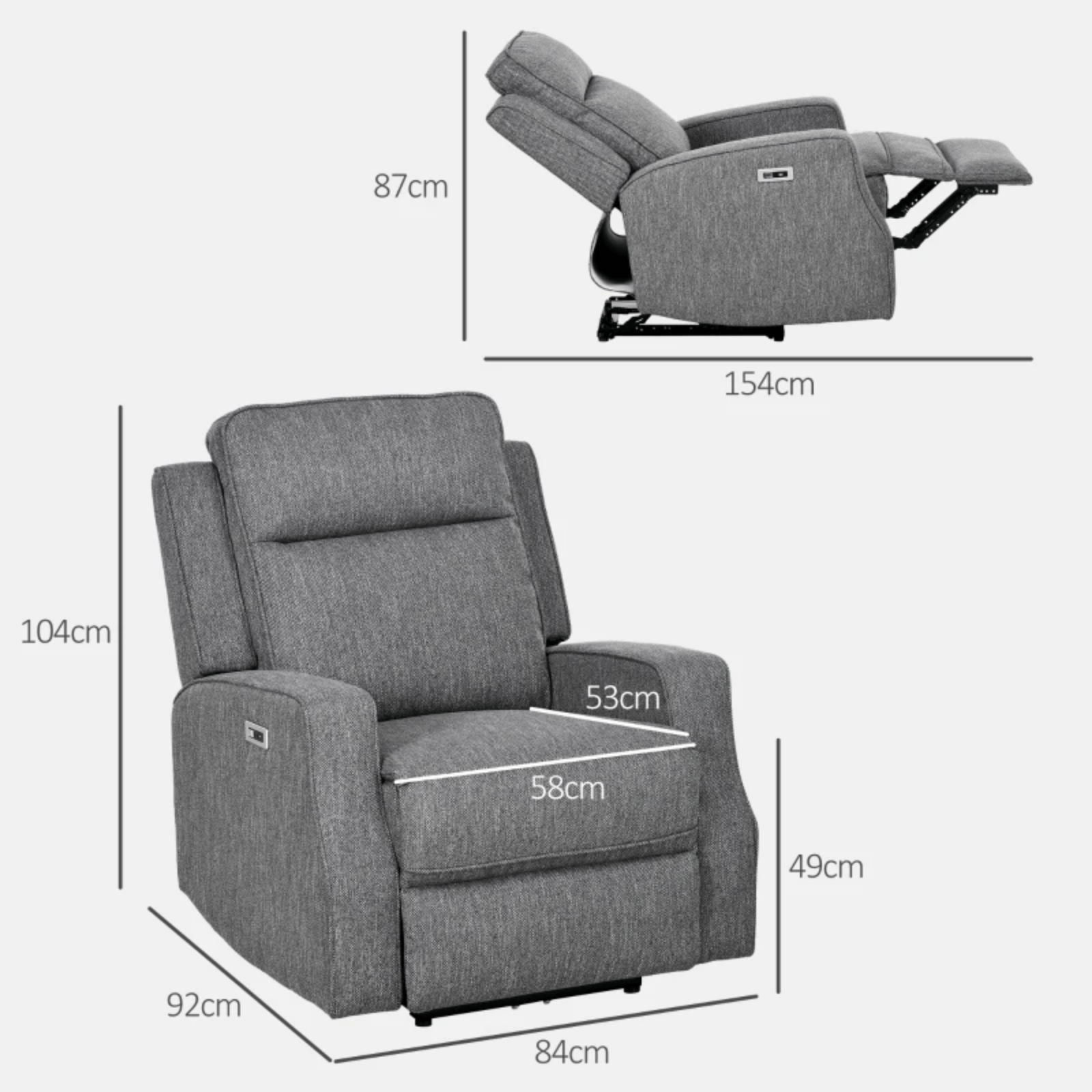 Grey Electric Armchair Fabric Recliner Chair USB Port Sofa Footrest Comfy Seat - Home and Garden Furniture Shop - rustic - furniture