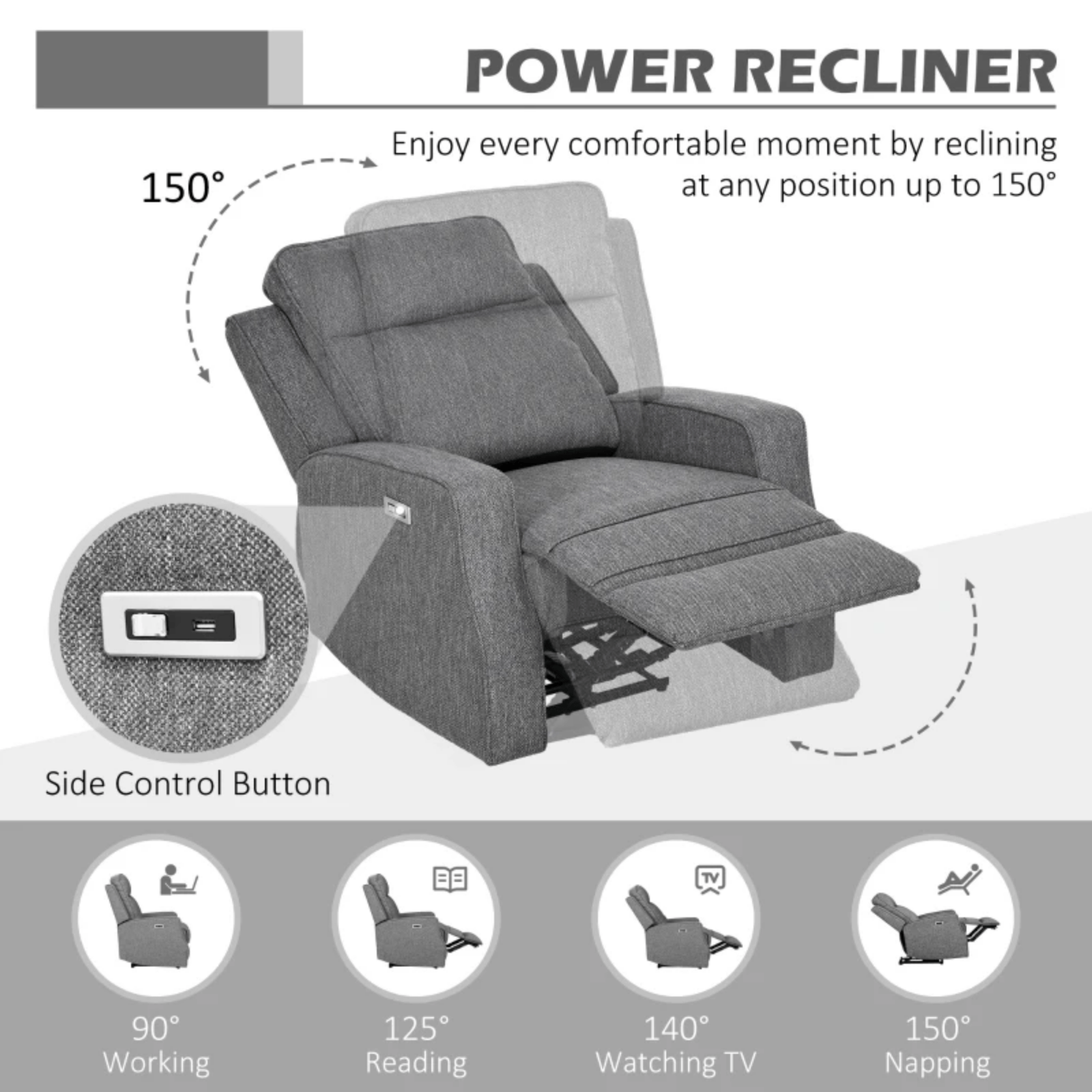 Grey Electric Armchair Fabric Recliner Chair USB Port Sofa Footrest Comfy Seat - Home and Garden Furniture Shop - rustic - furniture